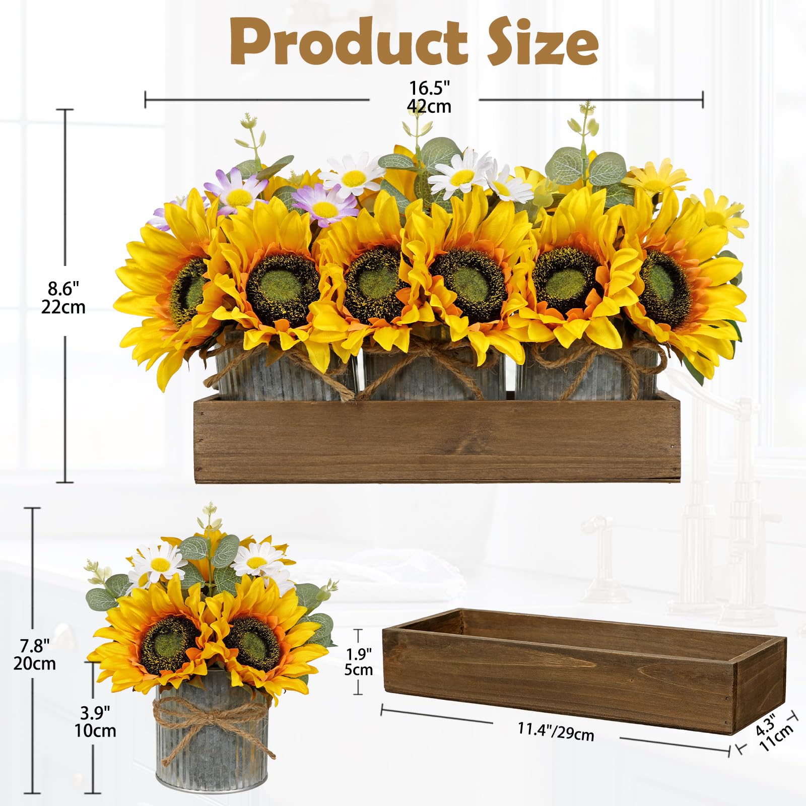 Oairse Set di 3 piccoli semi di girasole artificiali in vasi zincati, fiori artificiali con vassoio in legno, decorazione da tavolo, soggiorno, per matrimonio, decorazione per davanzale e camera da