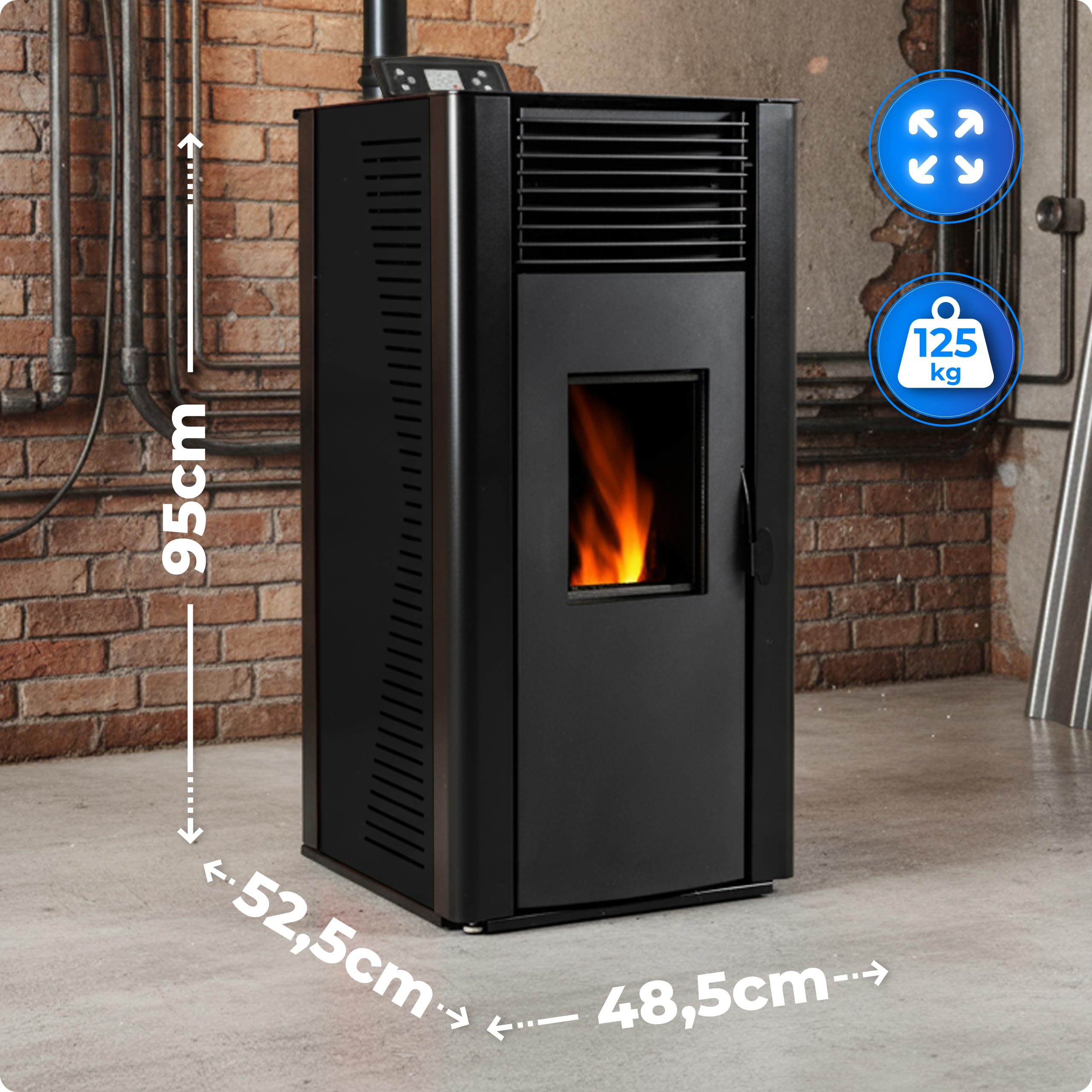 THUNDER Vayne Estufa de pellets 12 kW con intercambiador de Agua, Control WLAN, alimentación automática de pellets, A+, Negro o Rojo. (Vayne Negro 12KW)