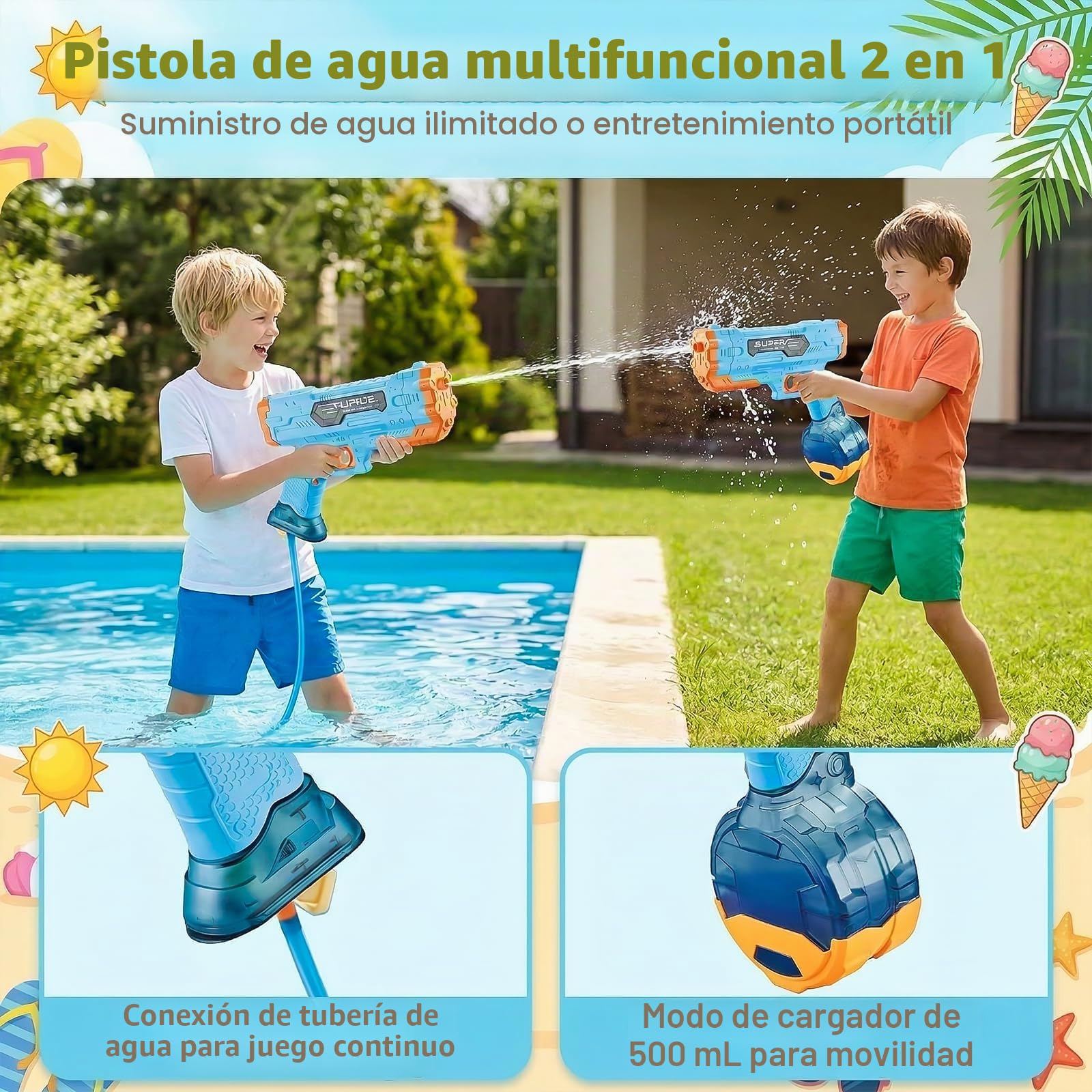Pistola de Agua eléctrica Potente Pistola de Agua automática para niños y Adultos Pistola de Agua y Suelo 2 en 1 depósito de 500 ml + 75 ml y Rifles de Agua eléctricos para Piscinas de Verano