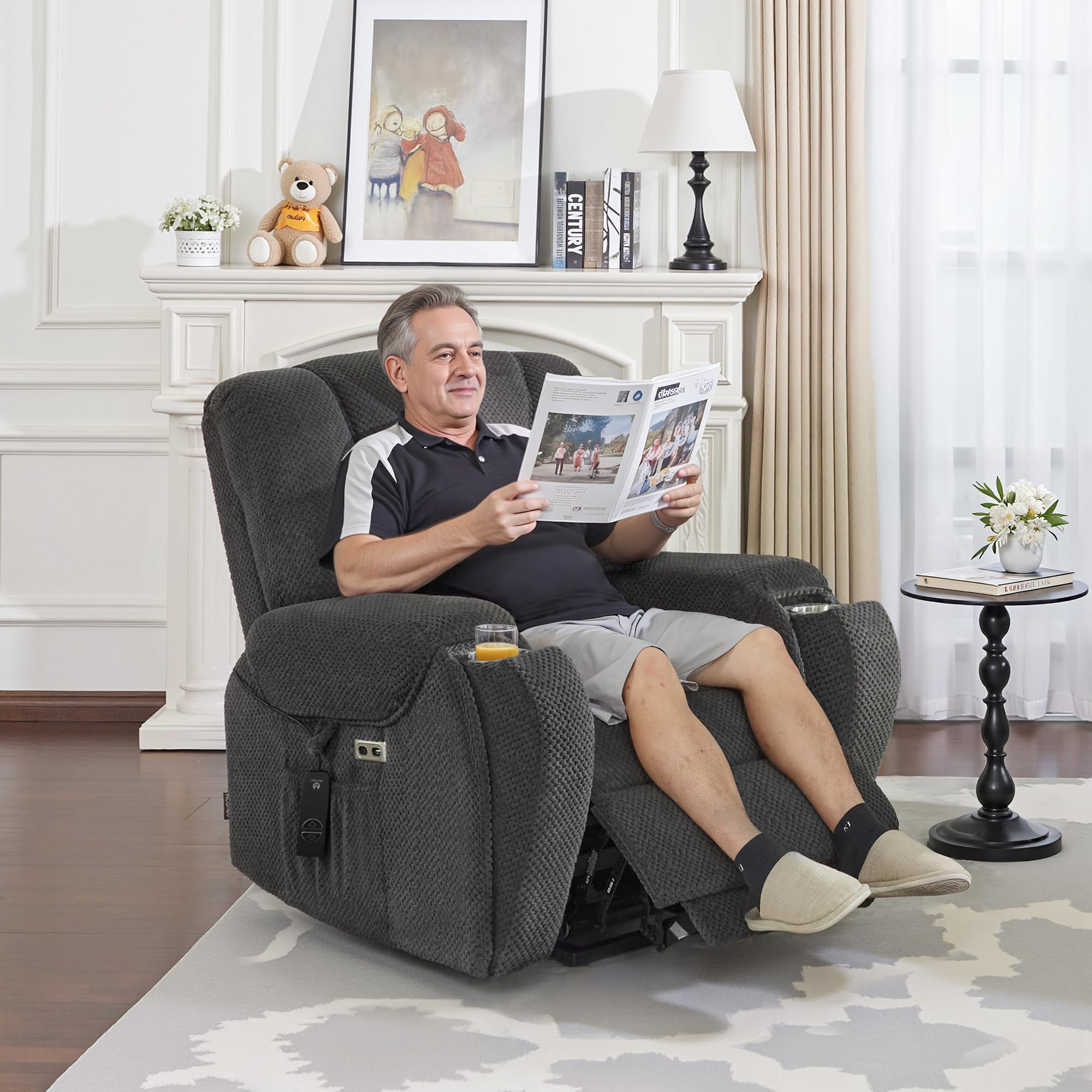 MCombo M Poltrona TV con funzione alzapersona elettrica, con massaggio e riscaldamento, poltrona relax con funzione reclinabile fino a 145°, portabevande nascosti 7252 (Tessuto, Grigio scuro)
