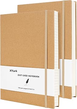 A5 Dot Grid Kraft Notebook Journals, Hardcover Subject Sketchbook Composition Notebooks with Dotted Grid Paper, 2 Pack, 120GSM, 102 Sheets, 5.5x8.3 inch, Travel Journal Set