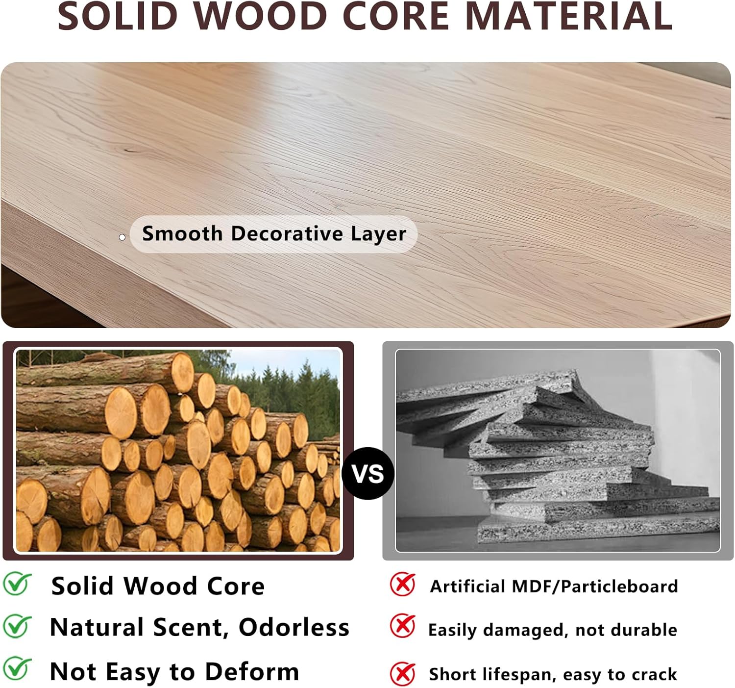 Pine Wood Rectangular Center Table, Farmhouse Coffee Table with 2” Thick Tabletop, Natural Wood Grain, Rectangular Rustic Coffee Tables for Living Room & Office (Nature, 55.1*27.6*17.7IN)