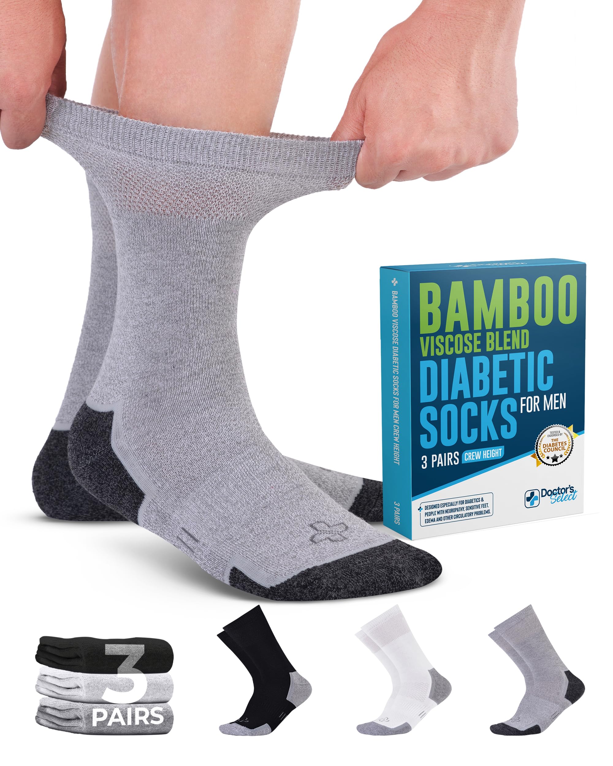 Doctor's Select Bamboo Viscose Diabetic Socks for Men - 3 Pairs Crew Mens Diabetic Socks