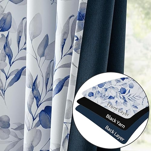 Miniatura 4 de Cortinas 100% opacas de 84 pulgadas de largo para dormitorio, cortinas estampadas florales azules para oscurecer la sala de estar, cortinas con