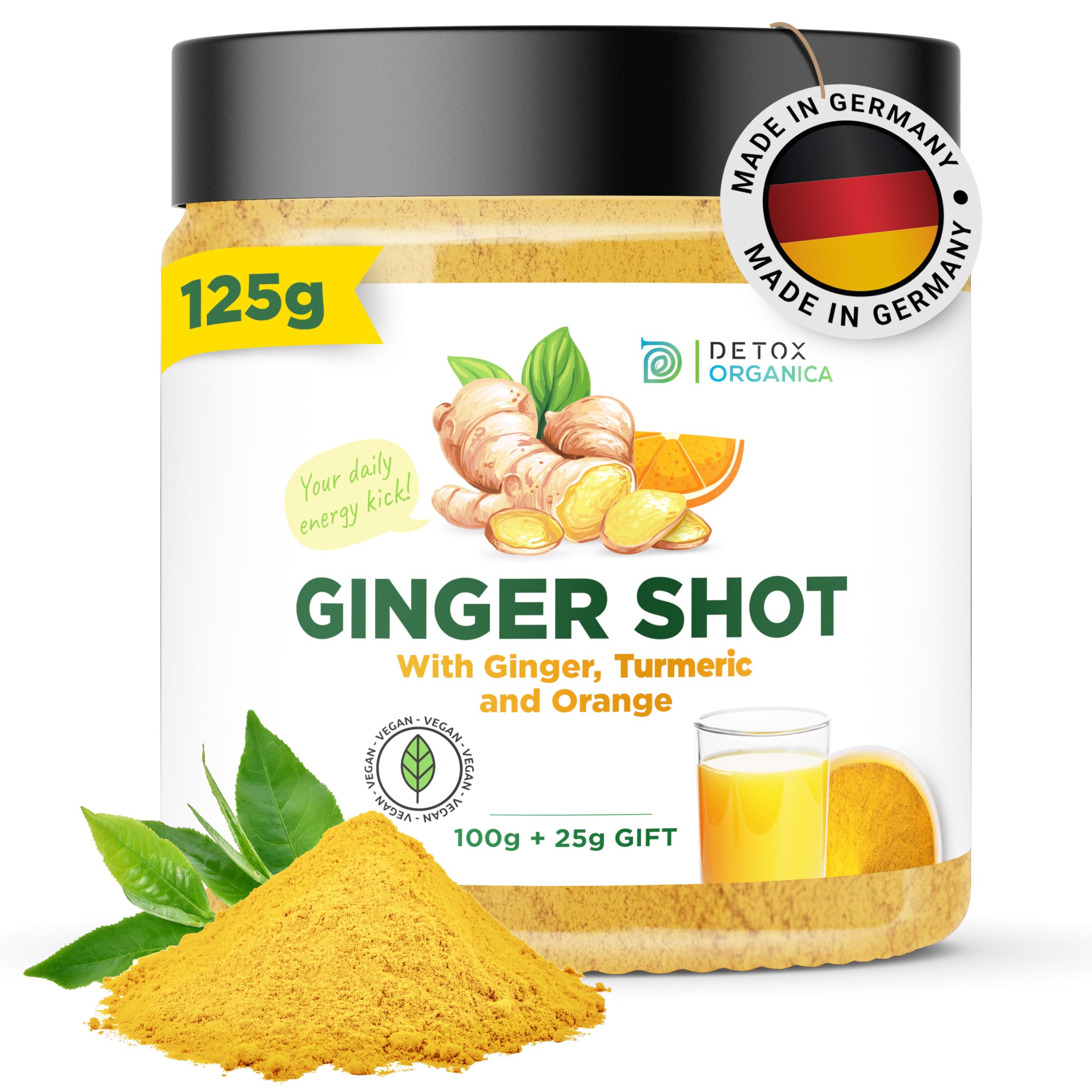 Ginger Shots with Vitamin C-135 Servings - 125g Ginger and Turmeric Shot Powder with Orange, Cayenne Pepper and Zinc-Vegan, with Natural Ingredients-No Added Sugar- Mix with Water, Juice or Tea