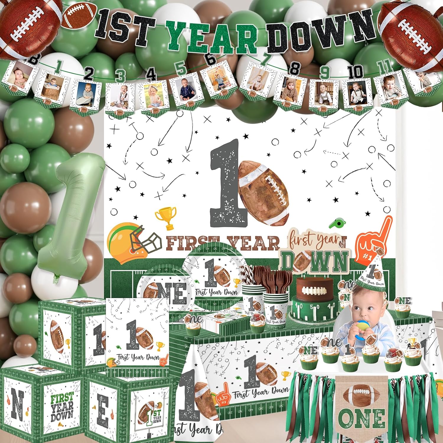 First Year Down Birthday Party Decorations, All-in-1 Football First Birthday Decorations with Balloon Arch Kit Photo Banner Highchair Banner One Boxes Plates Napkins Cake Toppers Tablecloths Backdrop