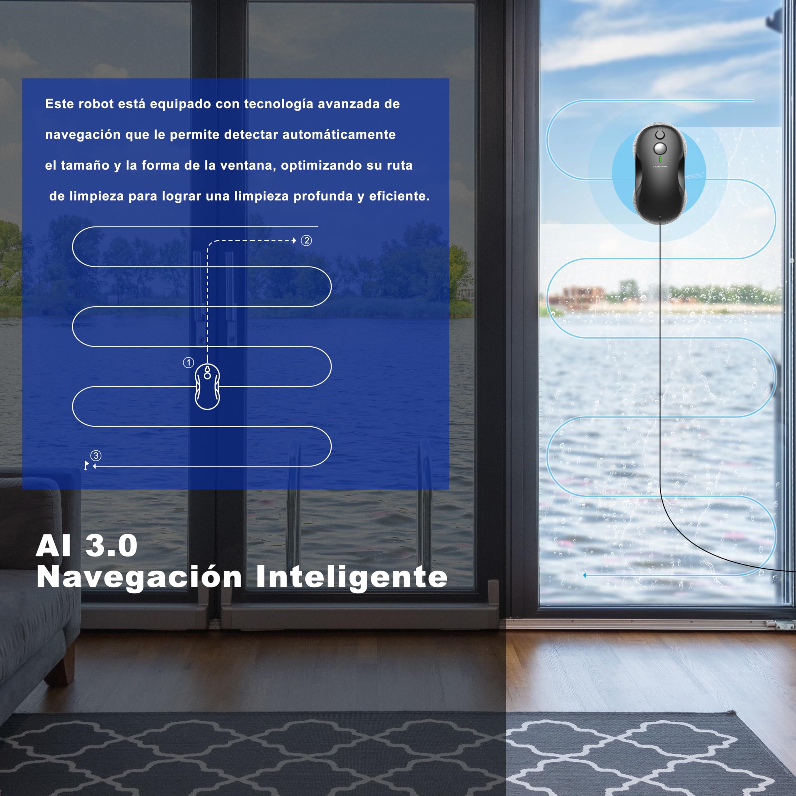 Tosima Robot Limpiacristales, Robot Limpieza de Ventanas Electrico, Sistema de Seguridad, Navegación Inteligente, Control Remoto, para Todas Las Superficies Lisas, con 12 Trapo (W3, Black)