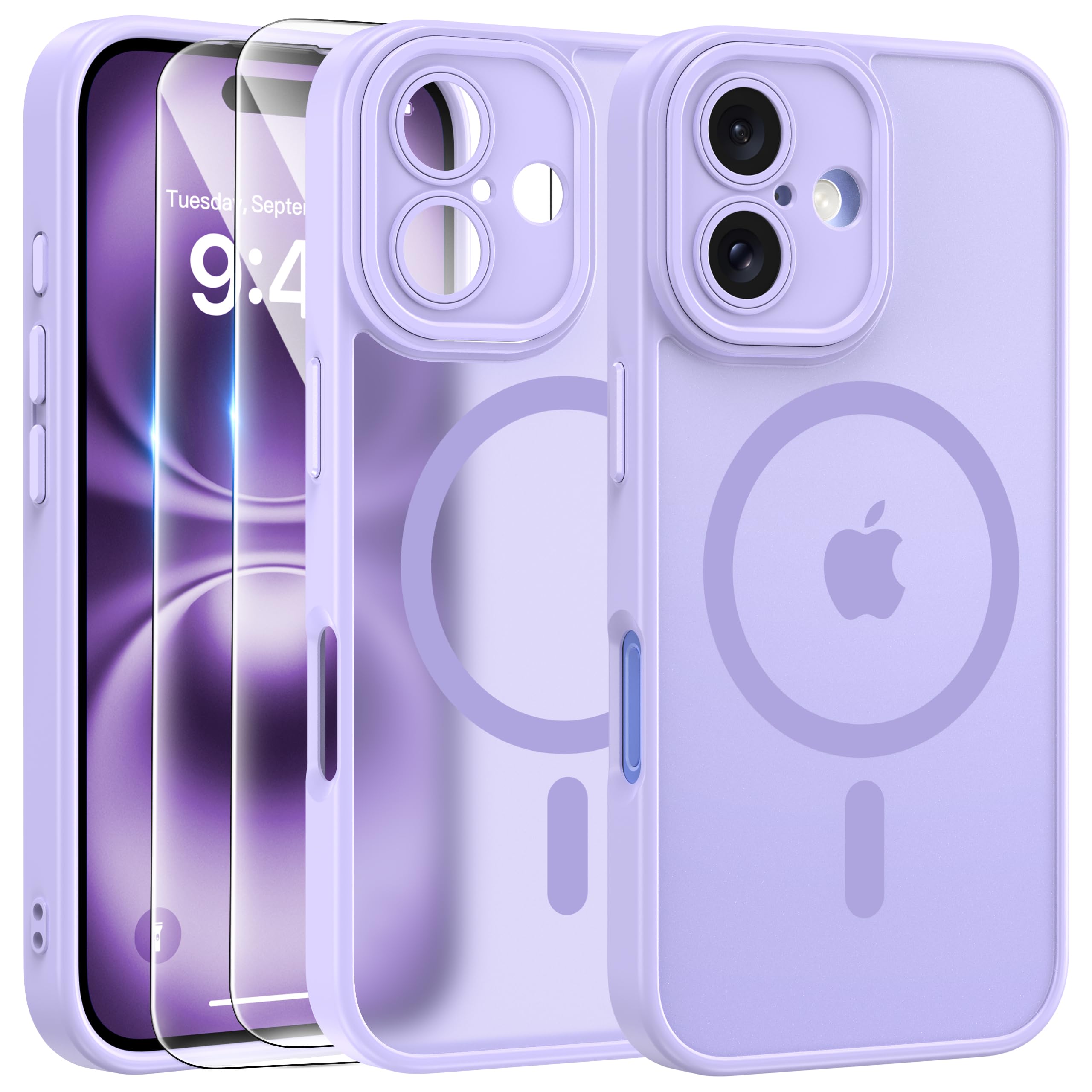 FLLAO Cover Magnetica per iPhone 16 Custodia e 2 Pellicole in Vetro Temperato, Cover iPhone 16 Compatibile con Magsafe, Traslucida Opaca Posteriore Sottile Antiurto Protettiva Case, Viola