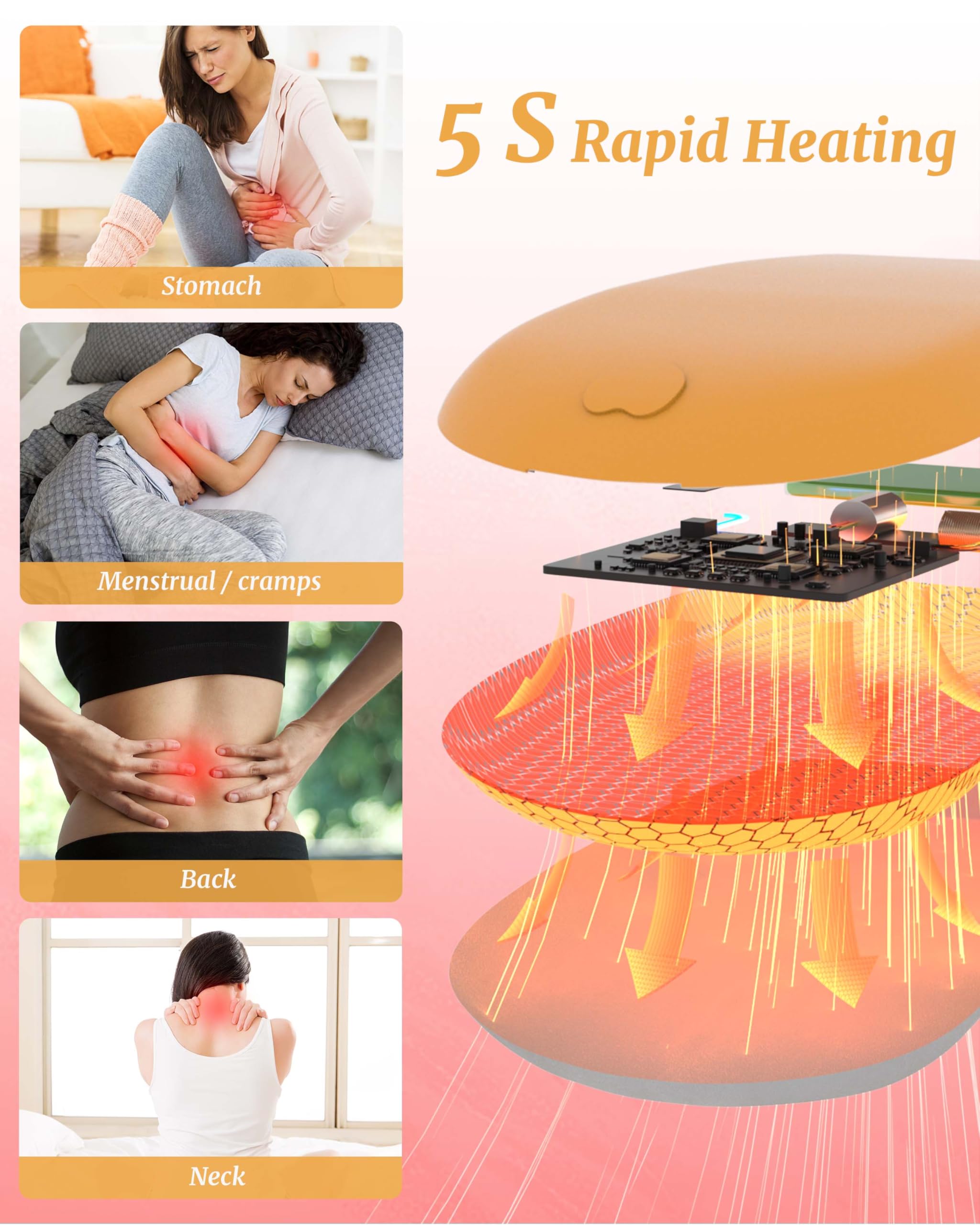 Heat Pad for Period Pain Relief Upgraded 6 Heat Massage Modes Electric Fast Heating Pad for Lower Back Pain Cramp Menstrual Rechargeable USB Heated Belt Gifts for Women Girls Her Yellow - Image 2