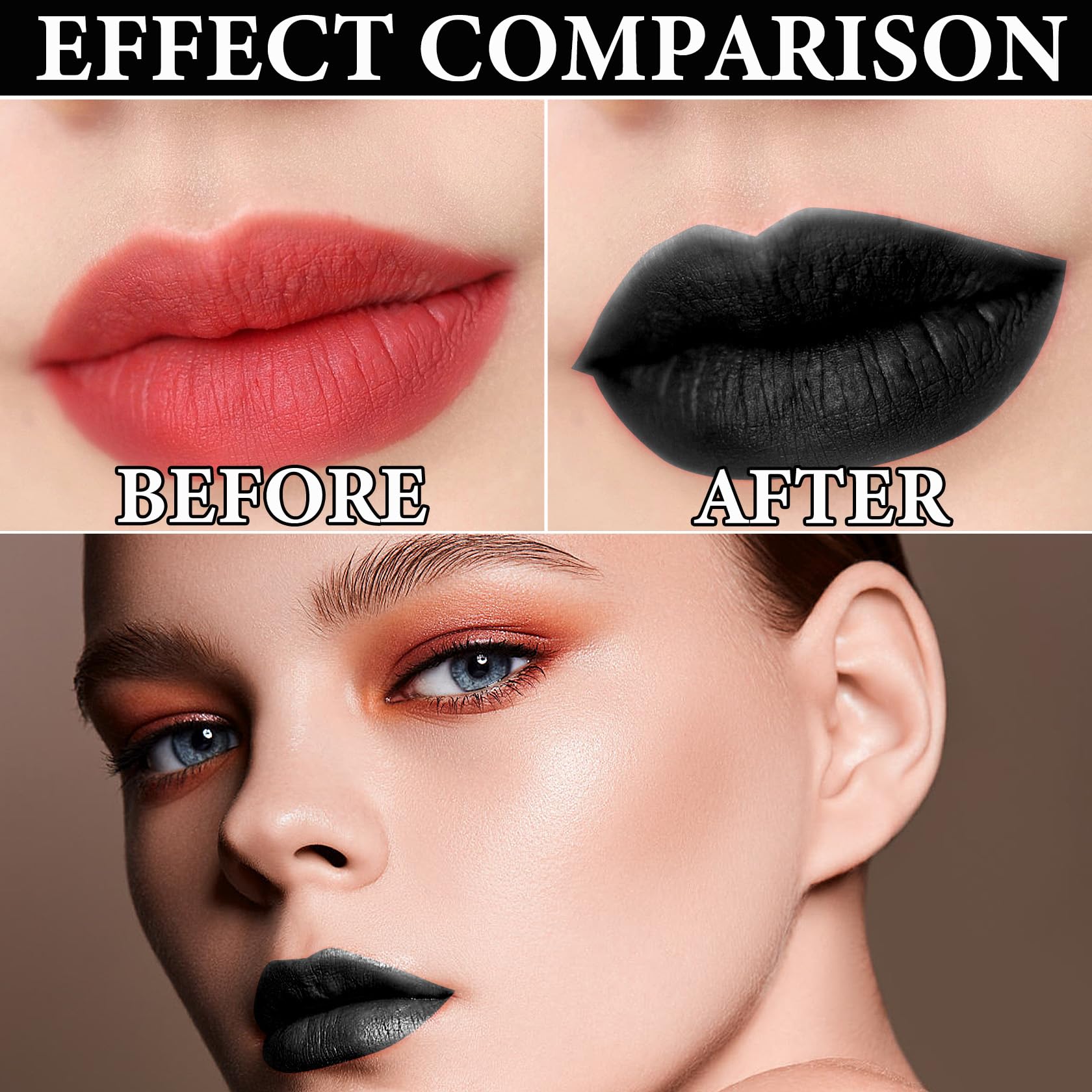 Juego de 2 lápices labiales líquidos y delineadores de labios, mate, impermeable, de larga duración, antiadherente, juego de brillo de labios negro para cosplay, gótico, maquillaje de 3