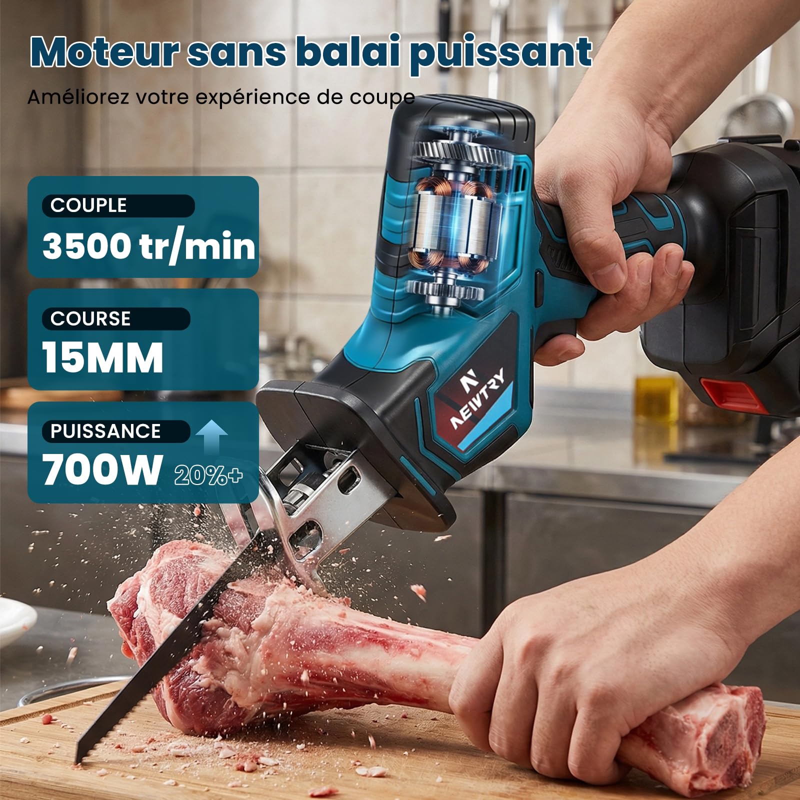 NEWTRY Scie à os sans fil 3000mAh 3500RPM moteur brushless 4 lames boucher