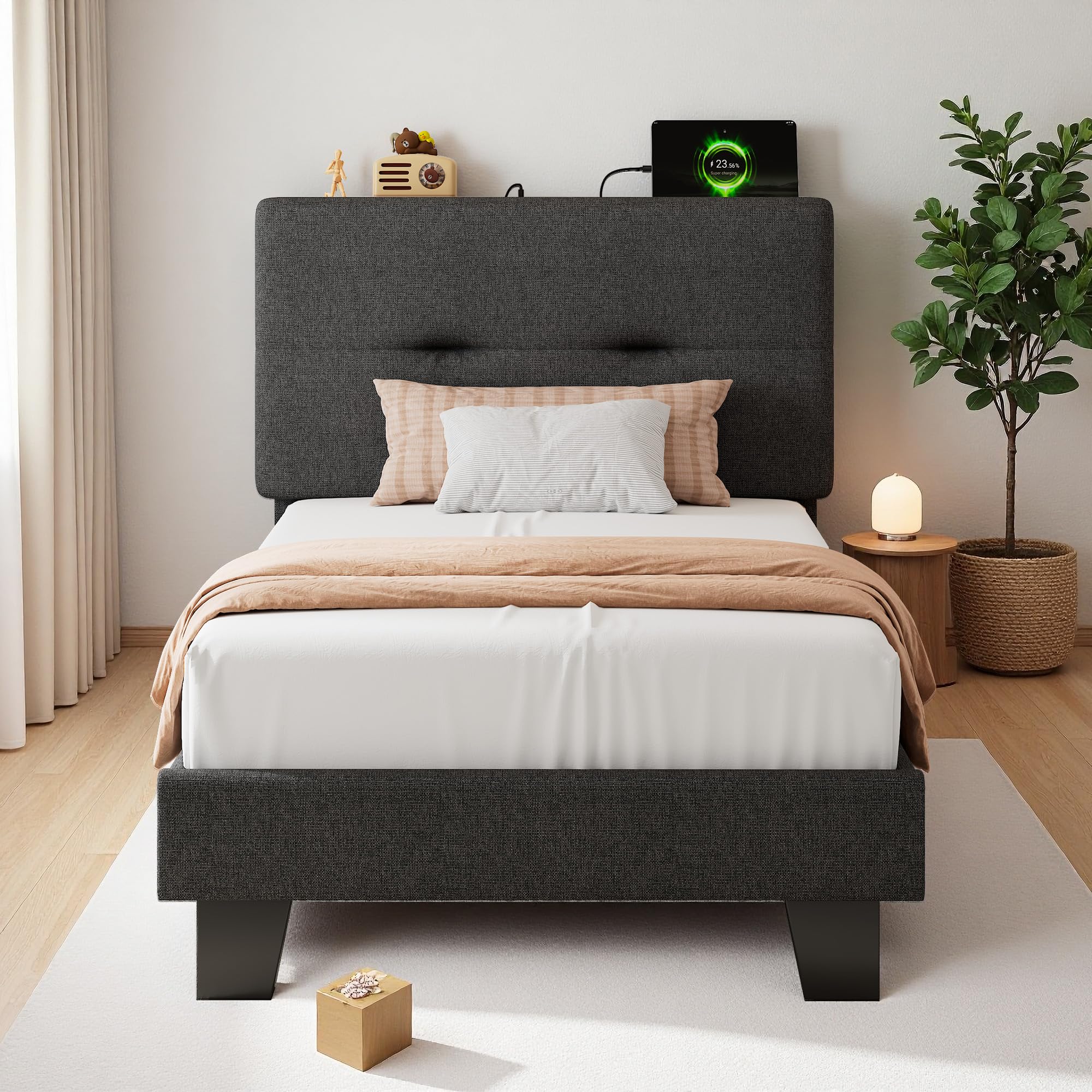 FEONASE 3ft Single Bed Frame with Charging Station, Linen Upholstered Platform Single beds with Storage Headboard, Sturdy Wooden Slat Support, Enhanced Support Noise Free, Easy Assembly, Dark gray