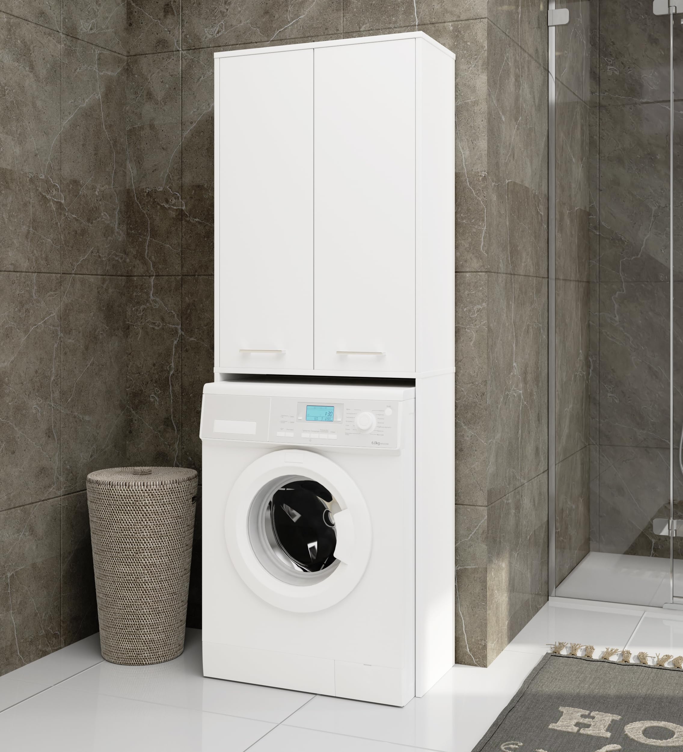 BDW - Armario para lavadora, estantería, armario alto - Muebles de baño, armario multiusos - 2 puertas - Armario alto 180 cm - Lavandería, lavandería - Blanco