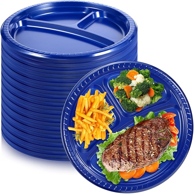 Nitial 50 Pcs Plastic Plates 10 Inch Compartment Divided Disposable Dinner Plates
