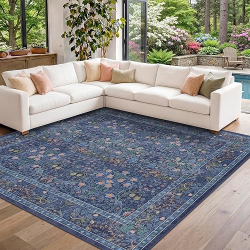 Dark Blue Washable 8x8 Square Living Room Rugs, Non Slip