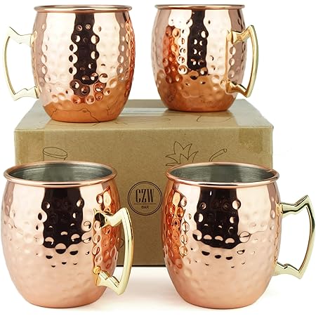 PG Moscow Mule Mugs | Large Size 19 ounces | Set of 4 Hammered Cups | Stainless Steel Lining | Pure Copper Plating | Gold Brass Handles | 3.7 inches Diameter x 4 inches Tall