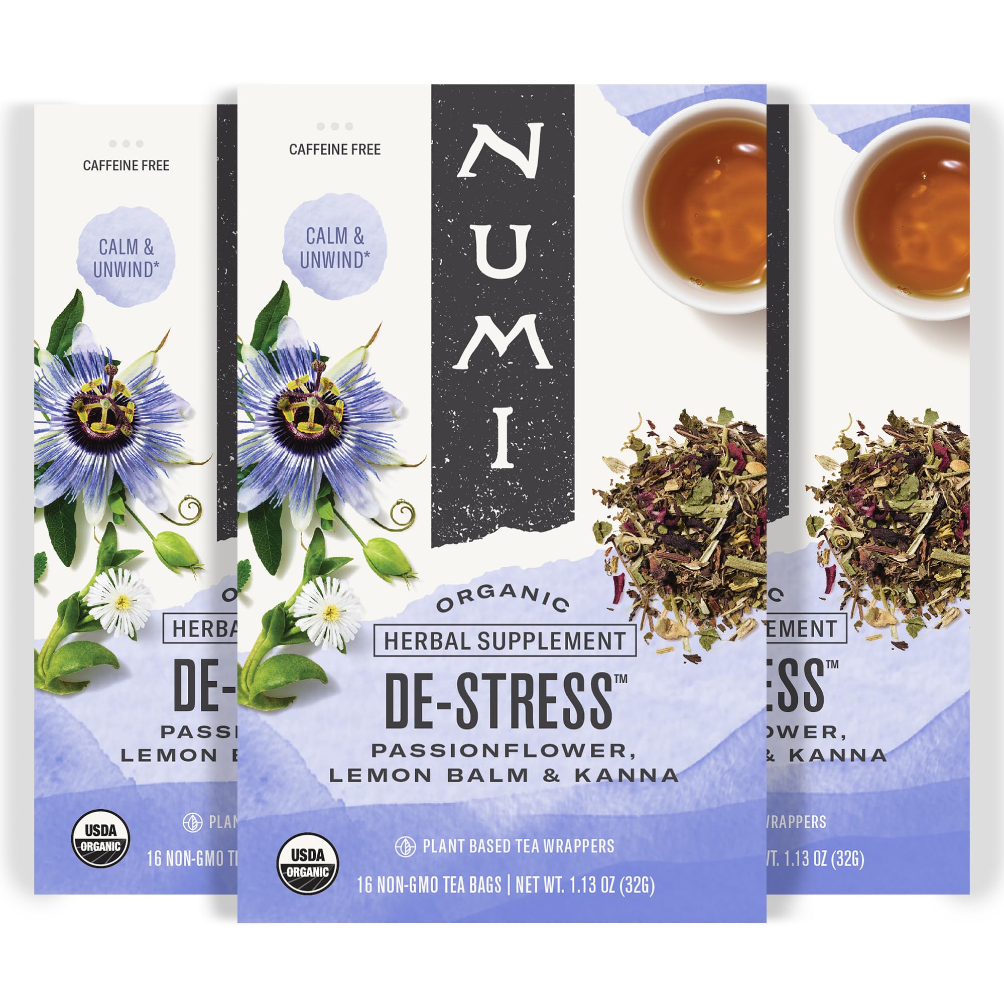 Organic De‑Stress Herbal Tea 48 Tea Bags Caffeine Free Blend with Spearmint Passionflower Lemon Verbena Lemon Balm Hibiscus and Licorice for Relaxation and Calm