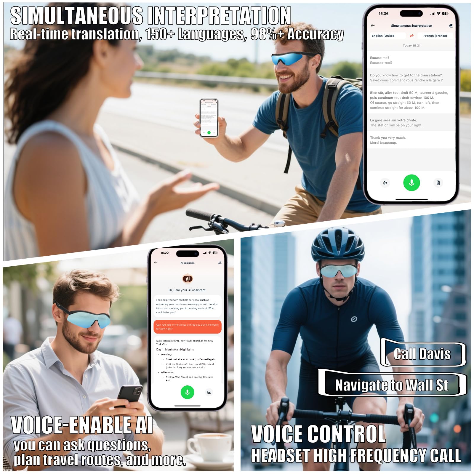 Occhiali intelligenti, occhiali da sole AI, occhiali da sole Bluetooth per uomo/donna, traduzione in tempo reale oltre 150 lingue, nano IPX7, impermeabili IPX7, cuffie con orecchio aperto