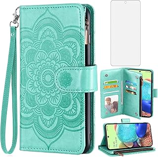 Asuwish Compatible with Samsung Galaxy A71 5G Wallet Case and Tempered Glass Screen Protector Flower Leather Flip Credit Card Holder Cell Phone Cover for Glaxay A 71 G5 Gaxaly 71A S71 Women Men Green