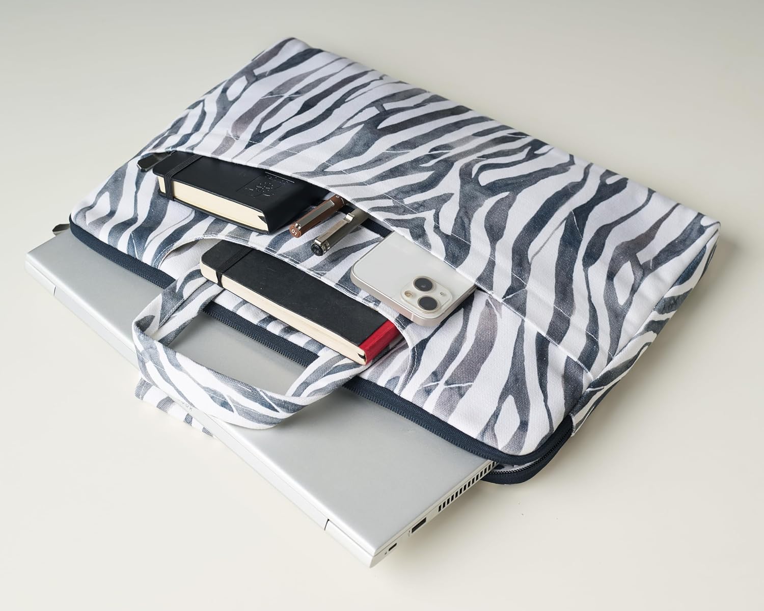 Maison d'Hermine Laptop Sleeve Bag Upto 13.5 inch Stain and Water Repellent Cotton Canvas Gifts for Mothers Day - Zebra