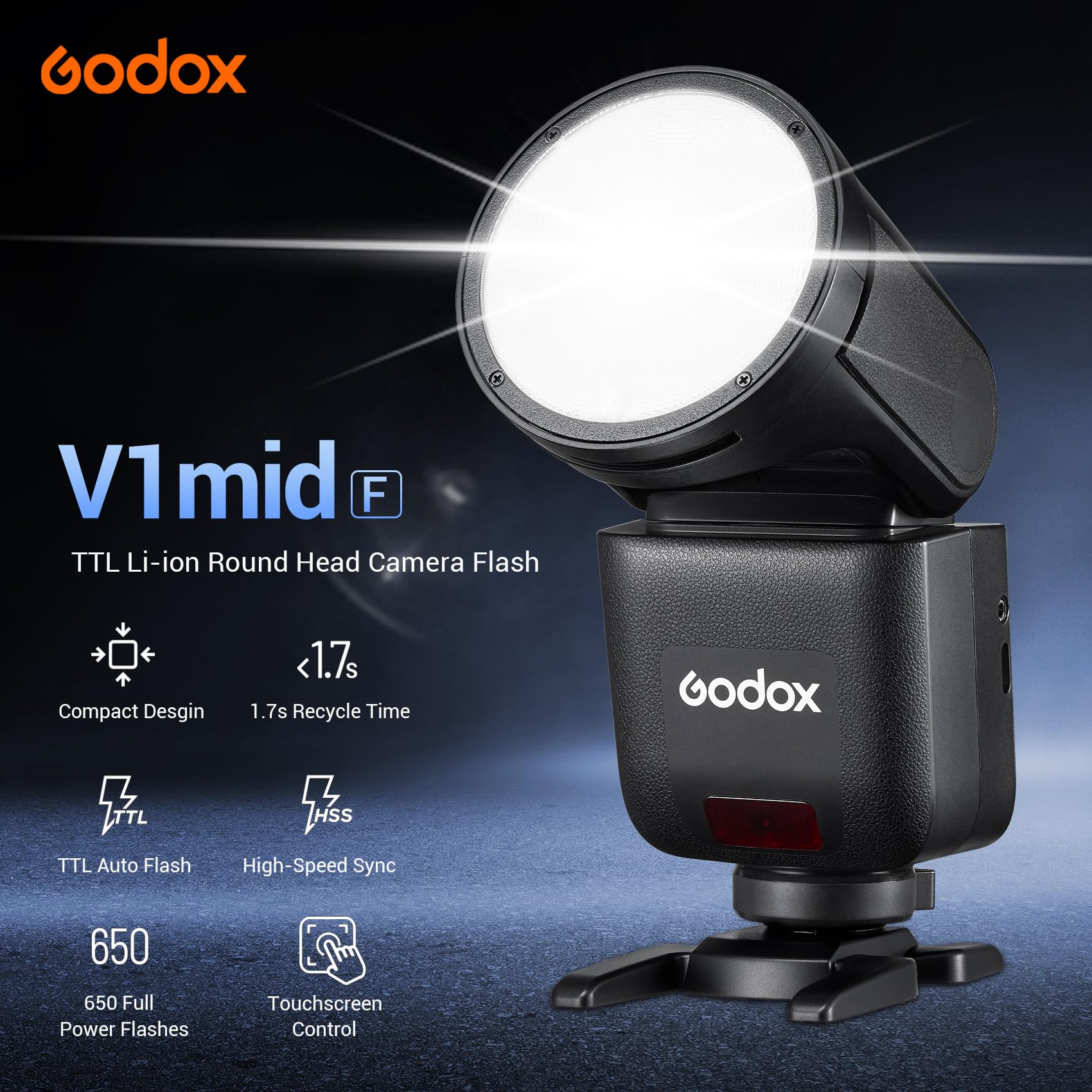 GODOX V1 Mid F V1Mid F Kameras Blitzgerät,55Ws TTL High-Speed Rundkopf Flash,2.4GHz TTL1/8000 HSS,24mm Optik,7,2V/2200mAh Lithium-Akku,Farb-Touchdisplay Reiseblitz Kompatibel für Fuji Kameras