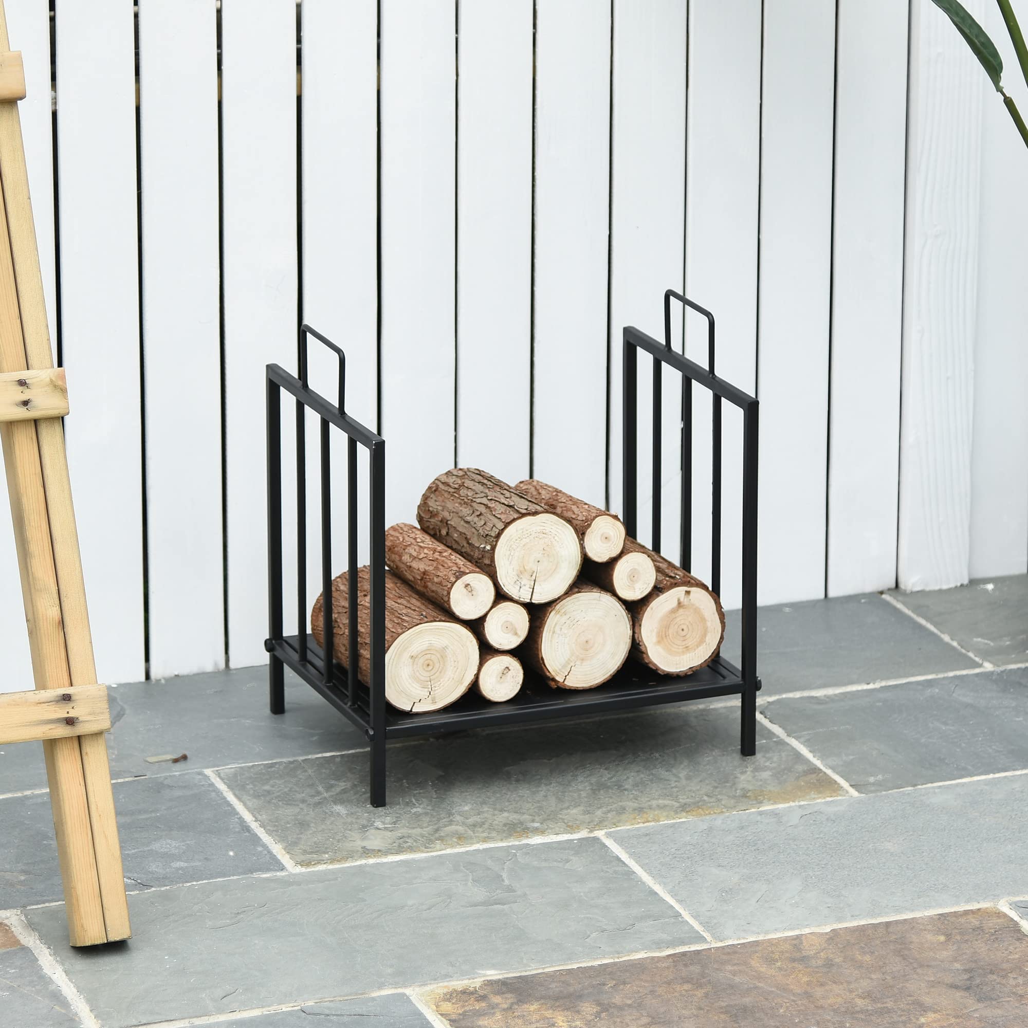 HOMCOM Range bûches Porte-bûches Etagère porte bois de cheminée charge max. 15 Kg dim. 44L x 33l x 46H cm métal époxy noir