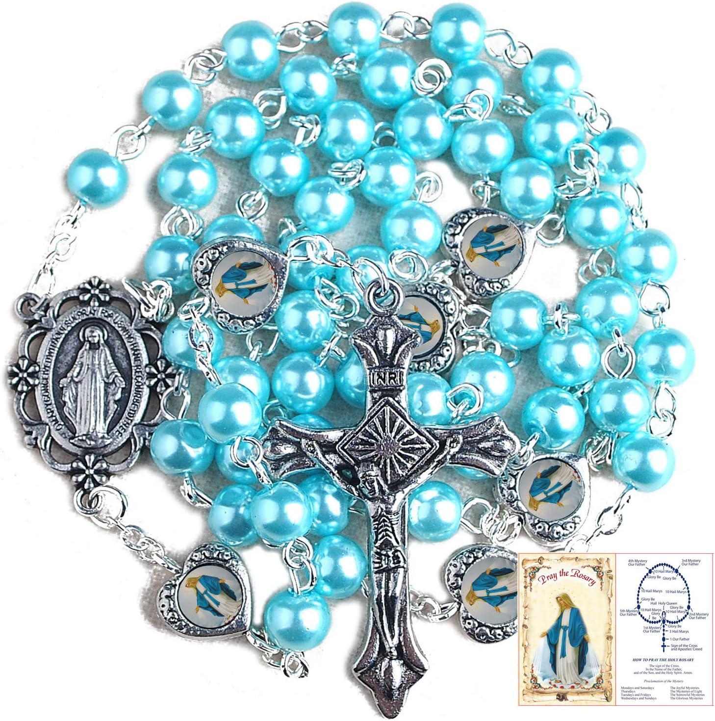 HanlinCC Glass Pearl Beads with Miraculous Epoxy Heart Metal Beads Rosary Necklace pack in Velvet Gift Bag with Rosary Pray Card - Image 4