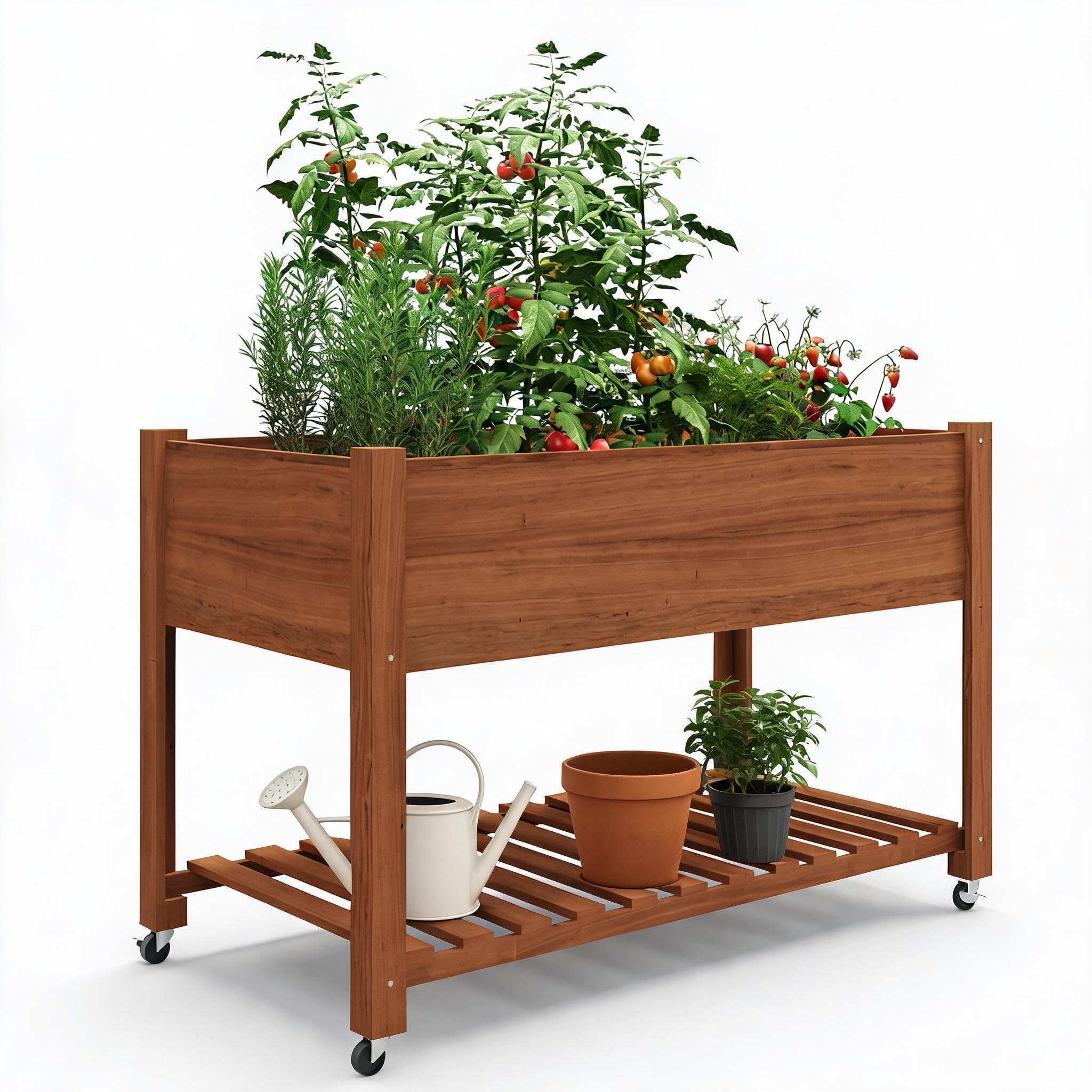 Garvee Sturdy Mobile Raised Garden Bed Planter Box with Lockable Wheels & Bottom Shelf, Protective Liner – Elevated Wooden Container for Outdoor Vegetables, Herbs, Flowers – Easy Assembly – Oak Color