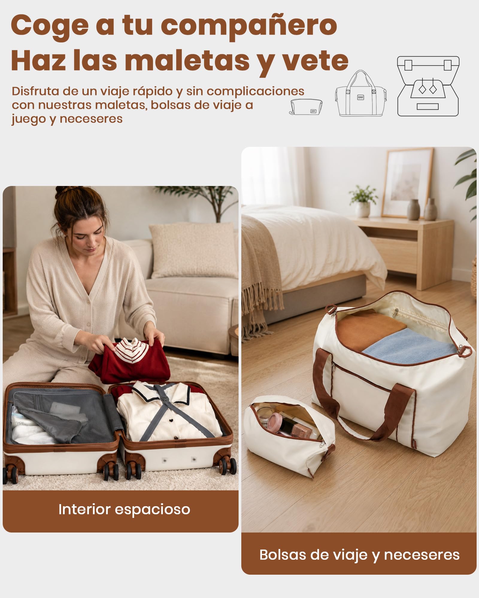 Kono Juego de Maletas con Expansión (Solo 24" y 28"), con Ruedas TPE y Cerradura TSA, más Bolsa de Viaje con Correa Ajustable y Hebilla para Carro, y Neceser, Ideal para Viajes Familiares (Crema)