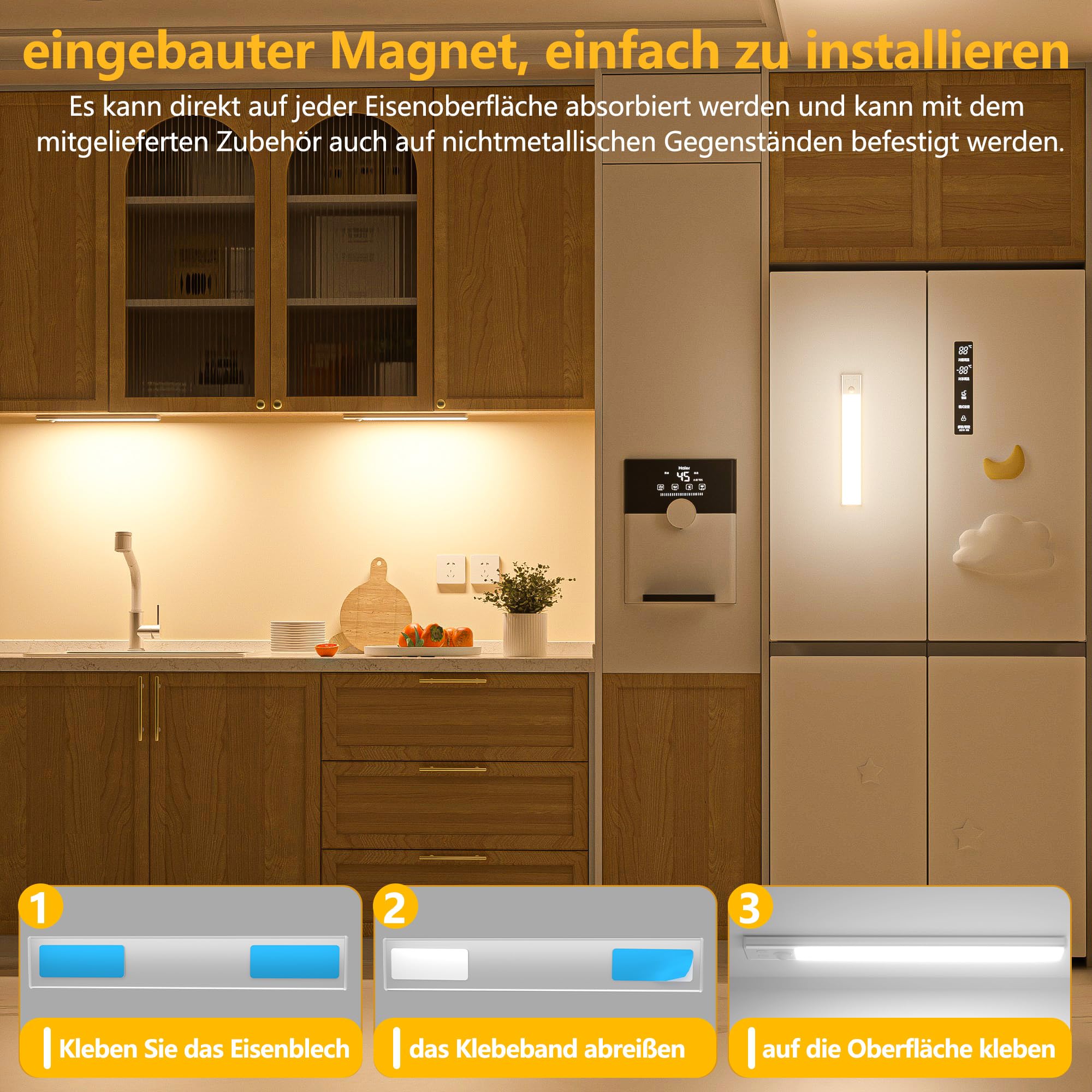 OUILA Schrankbeleuchtung LED mit Bewegungsmelder Unterbauleuchte Küche LED USB-C wiederaufladbar LED-Licht Dimmbar kabellos Nachtlicht für Küche Kleiderschrank Schrank 20.5CM 2 Stück