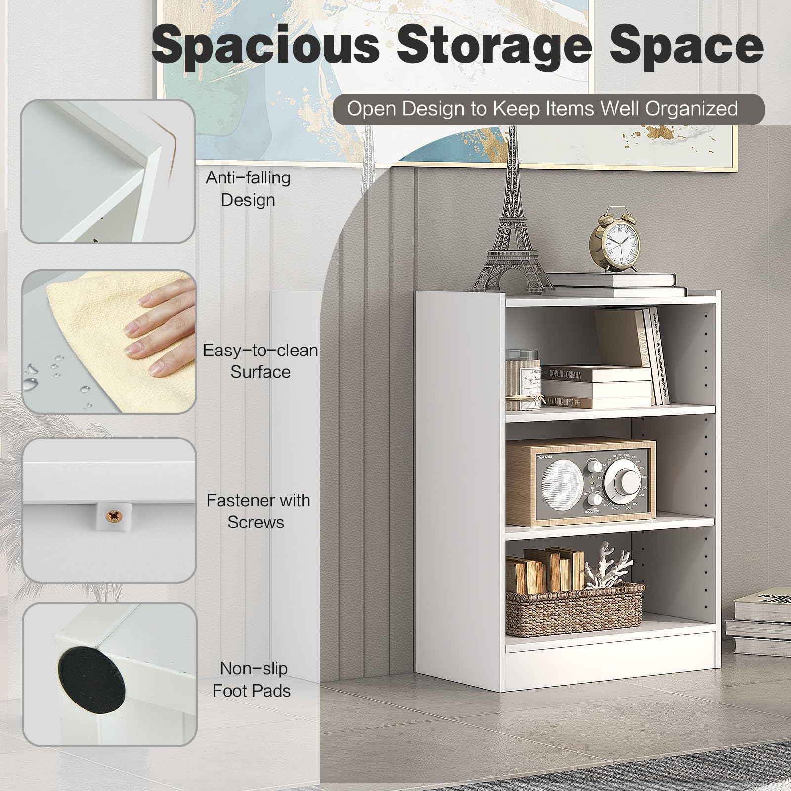 KOMFOTTEU Libreria Scaffale a 3 Livelli Aperti, Libreria Verticale Moderna con Ripiani Regolabili, Dispositivo Antiribaltamento, Mobile per Camera da Letto, Soggiorno, 50 x 30 x 75 cm (Bianco)