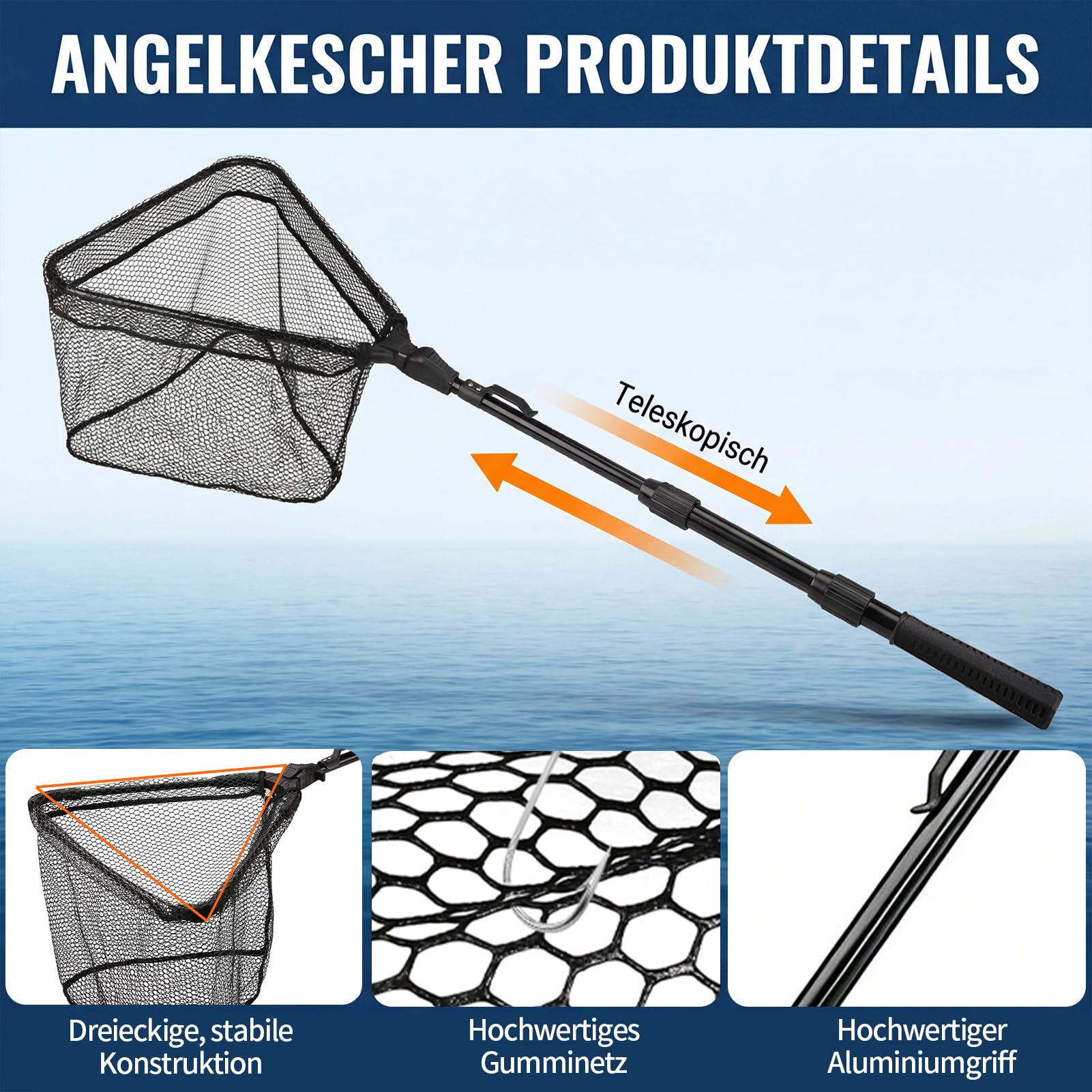 Fishing Kescher Angeln, Teleskop Gummierter Angelkescher - Stabil, Faltbar und Fischfreundlich, Unterfangkescher Angel Kescher Teich Karpfenkescher für Teich Pool Angeln