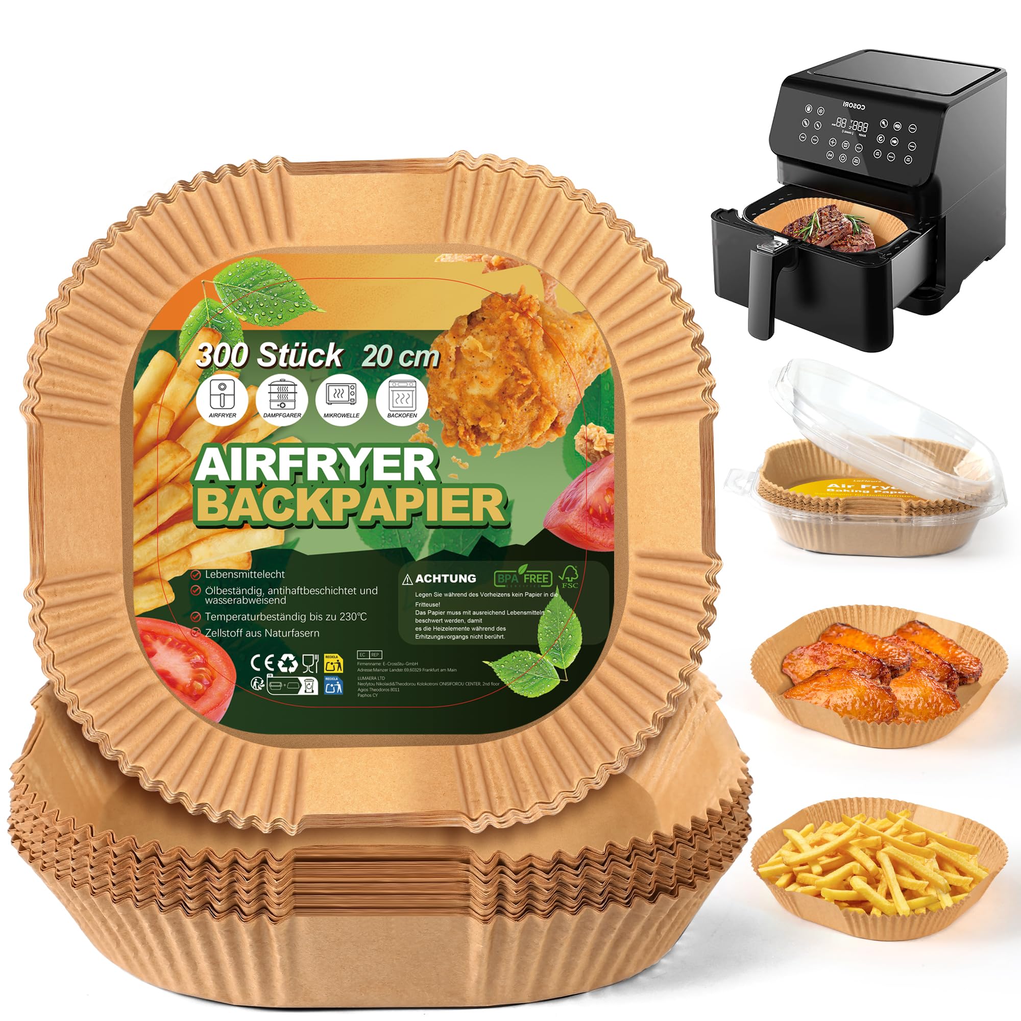 HAUSVIVO Papel Freidora de Aire 300 Piezas – 20×20 cm Cuadrado para Air Fryer 5–7L – Papel de Horno Antiadherente, Resistente al Agua y al Aceite, Accesorios Cocina Desechables, Sin BPA