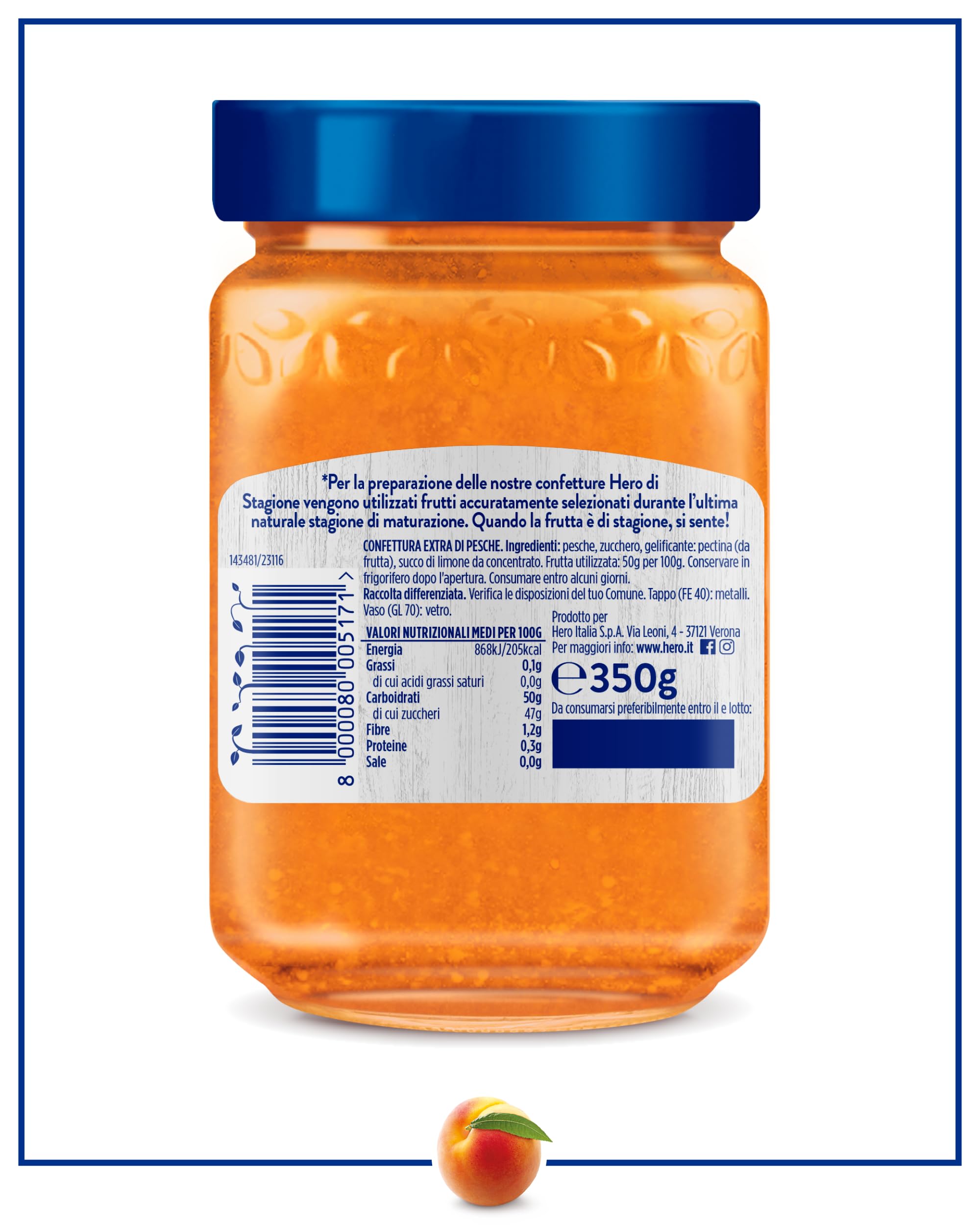 Hero di Stagione, Confettura Pesca, 8 Vasetti da 350 gr, Marmellata con Frutta di Stagione, Frutta di Alta Qualità, Metodo Tradizionale