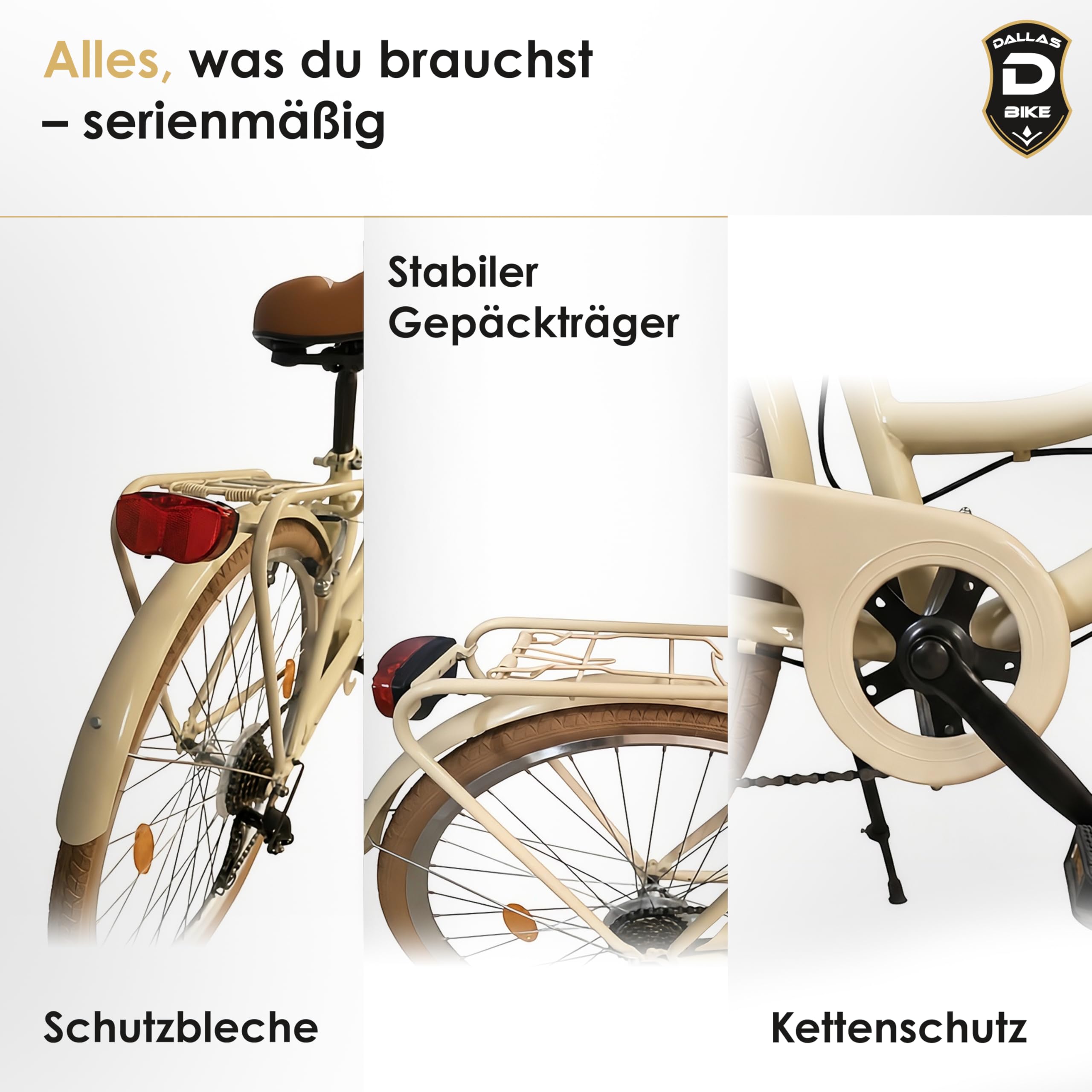 Fahrrad 26 Zoll - Bequemes Cityrad für Damen und Herren - mit 7-Gang Shimano Schaltung - Komfortabler Tiefeinsteiger für Stadt und Pendler - Dallas City - Creme, Braune