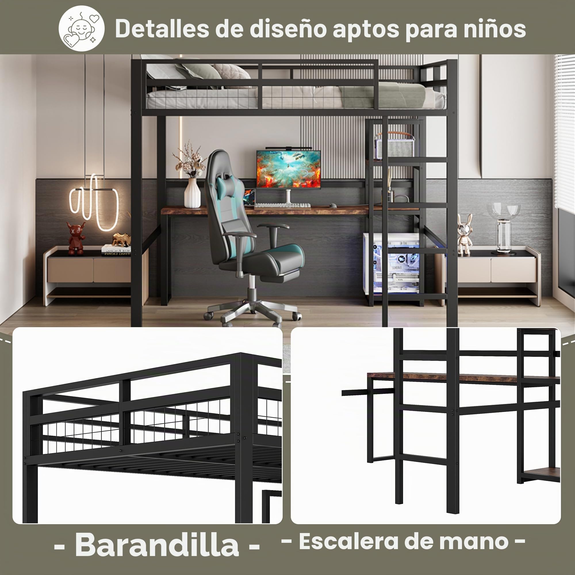 Dolamaní Cama alta para adultos, 140 x 200 cm, marco de cama de metal con enchufe, cama de metal con USB Type-C y varios estantes, capacidad de carga de 150 kg (negro)