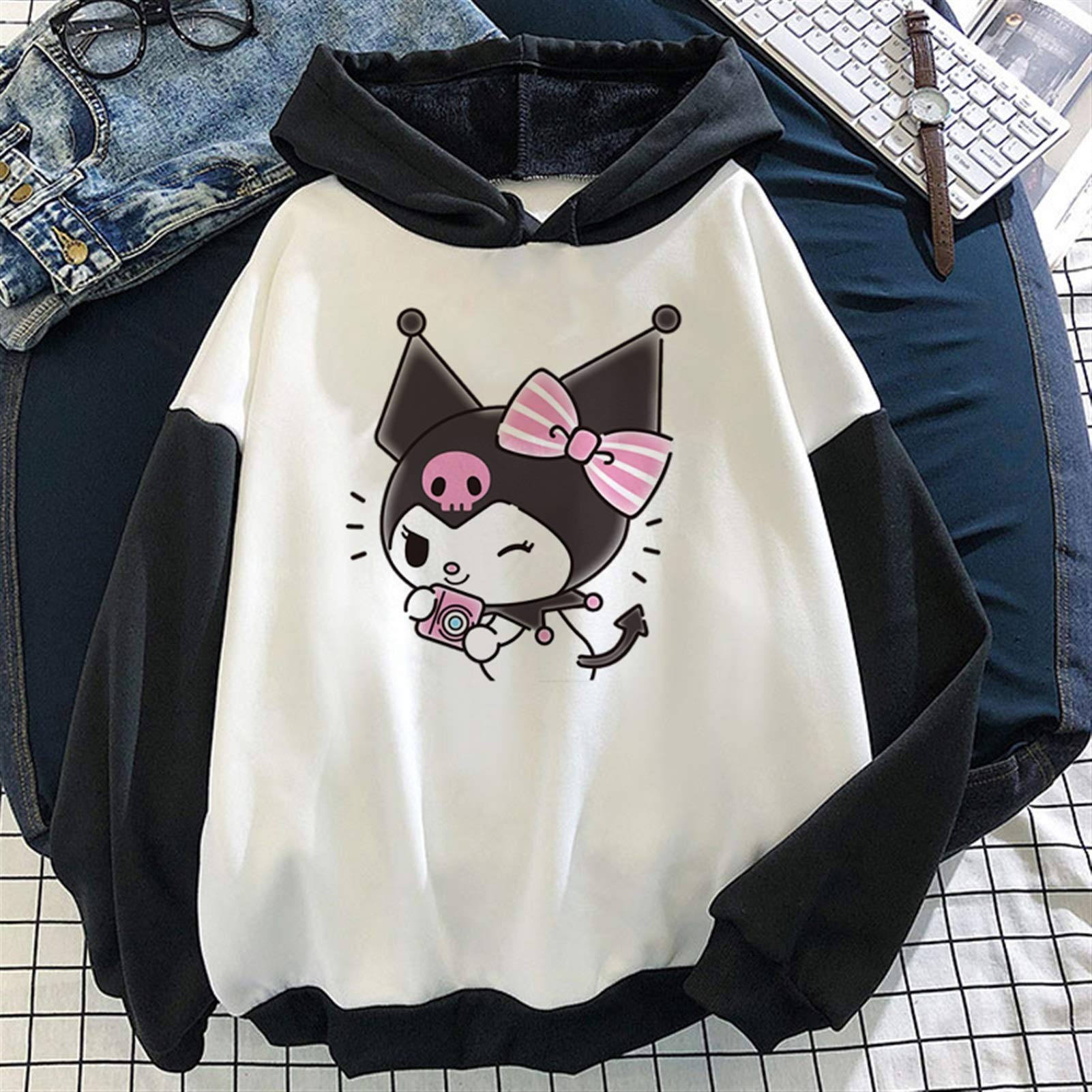 YouyaaHoodies For Teen Girls Korea Kuromi Print Clothes Anime Winter Ins Style Women Cute Tops Loose Long Sleeved Hoodies Sweatshirt Kawaii Short Sleeve (Color : Black X174, Size : XL)