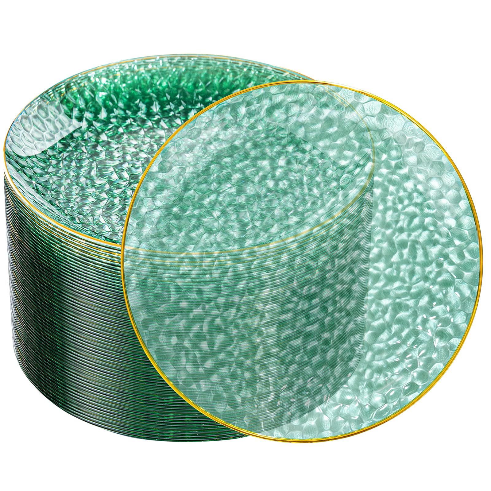 Photo 1 of DaYammi 100 Pcs Green Plastic Plates - 10 inch Clear Green Dinner Plates Plastic Plates Disposable - Hammer Pattern Design - Fancy Disposable Plate - Heavy Duty Party Plate Ideal for Wedding