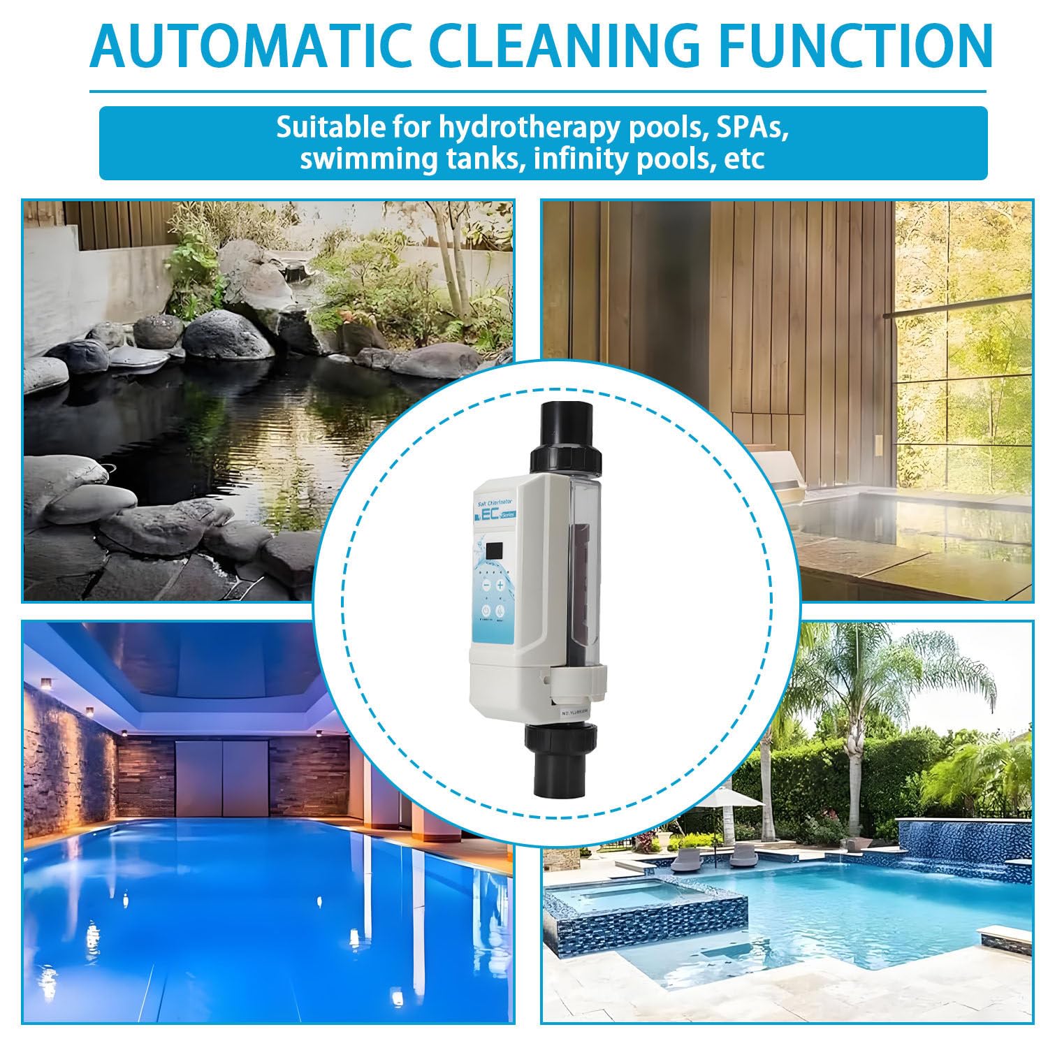 Célula para clorador salino y Dispositivo de cloración por electrólisis; diseño con Estructura Desmontable, Indicadores de Niveles de Sal (Alto/bajo) y función de Alarma de fallo. 20g/H