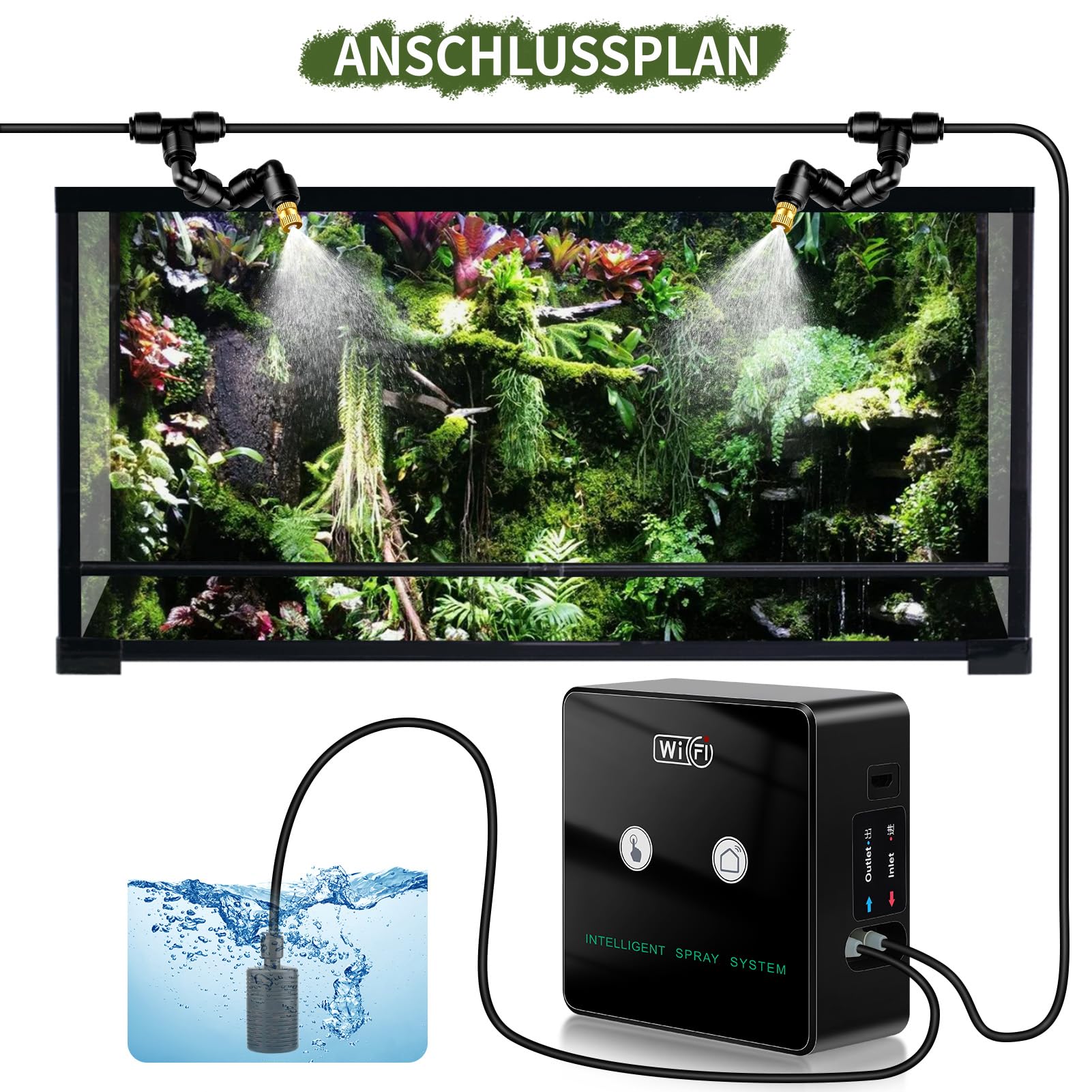 Beregnungsanlage Terrarium, Luftbefeuchter Terrarium, Mobiltelefonsteuerung Intelligentes Reptilien Benebelungssystem für Terrarium Luftbefeuchter Präzisionskupferdüse Kann um 360° Gedreht Werden