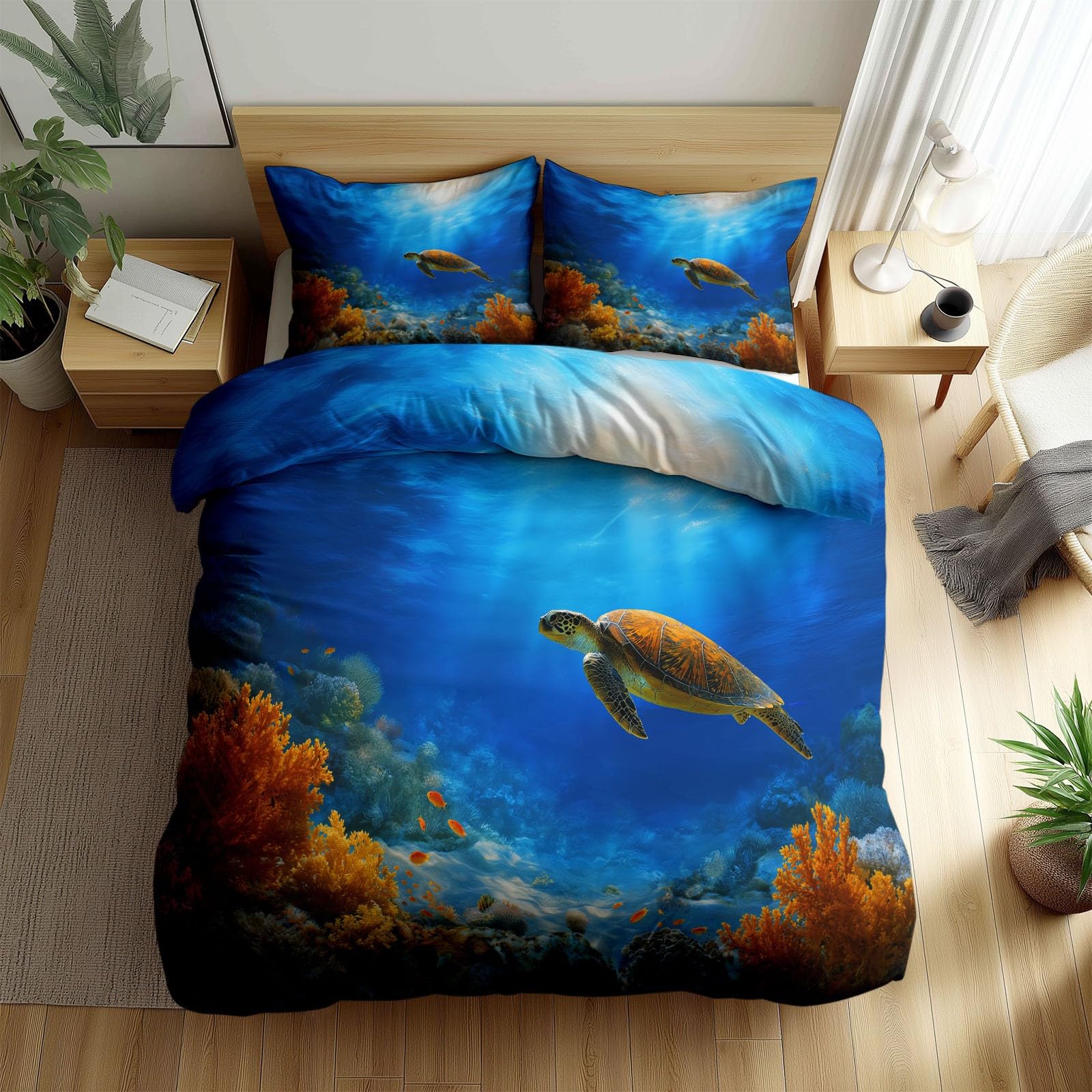 Zestaw pościeli dwuosobowej 100% mikrofibra 3-częściowy zestaw pościeli z 2 poszewkami na poduszki 50 x 80 cm, miękka, oddychająca poszwa na kołdrę można prać w pralce, niebieska anime morze słoneczny