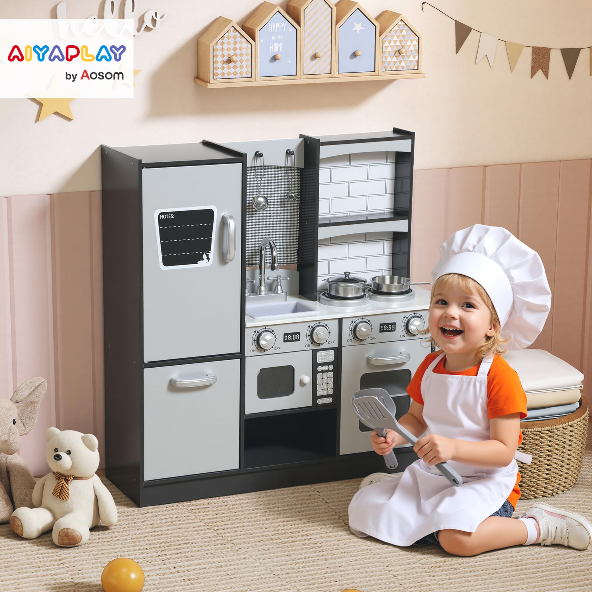 AIYAPLAY Cucina Giocattolo per Bambini, Cucina Legno per Bambini, Cucinetta Giocattoli con Fornelli, Microonde, Armadietti, Lavandino, Pentole, Accessori in Acciaio Inox, 3-8 Anni, 81x27x80cm, Marrone