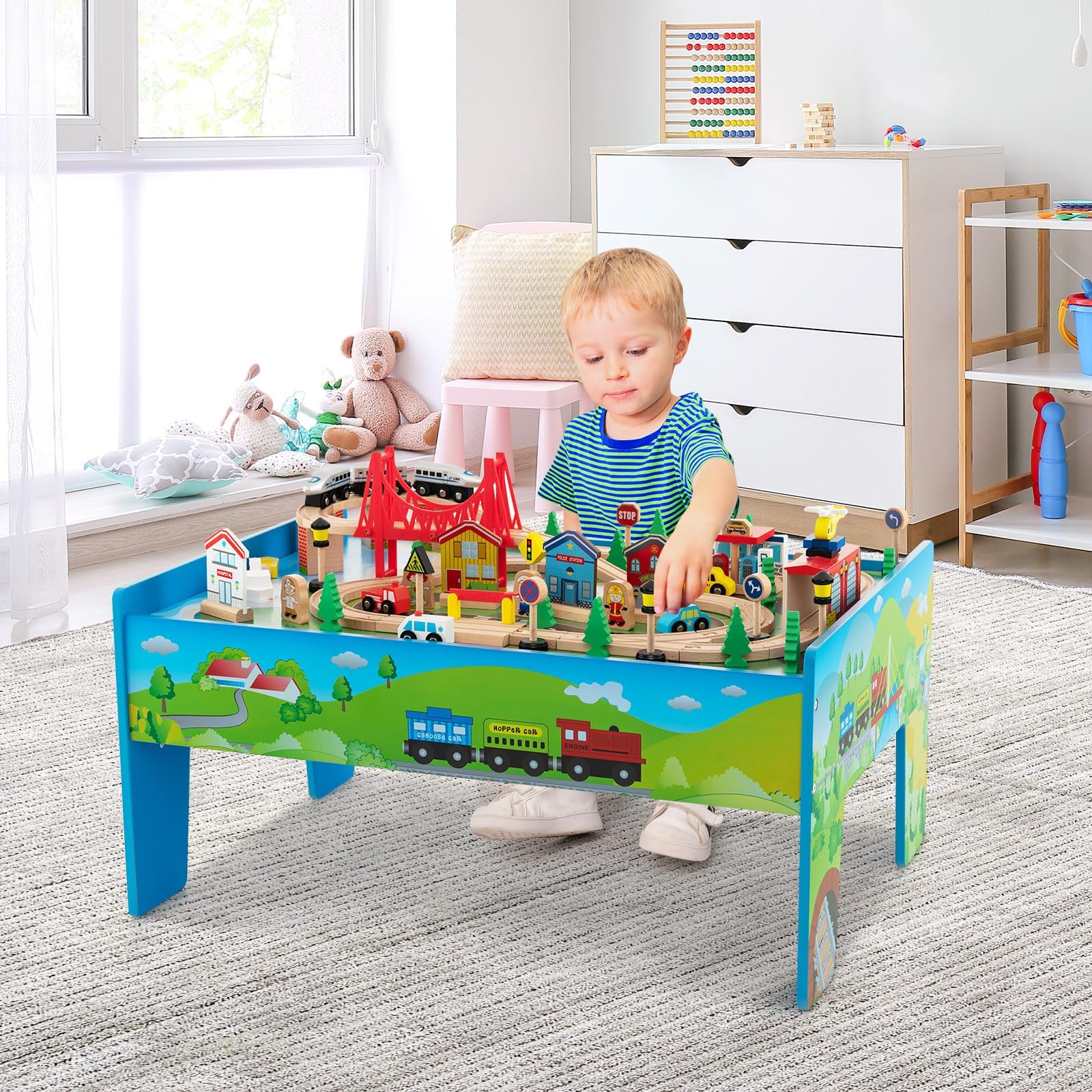 FANTASK Set di 80 ferroviari per bambini, tavolo da gioco in legno con tavolo reversibile e rimovibile, giocattolo per bambini dai 3 anni in su (80 pezzi)