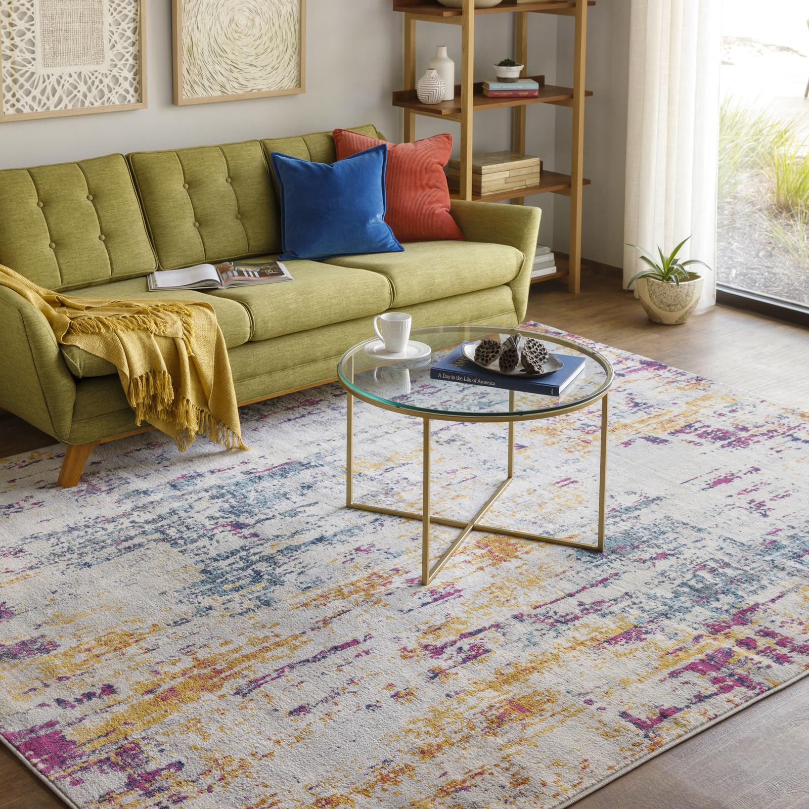 Livabliss Annaba Tappeto Astratto | Beige, Fucsia, Senape, Blu | 160x215cm | Soggiorno & Sala da Pranzo | Effetto Marmo Moderno Pelo Medio Morbido