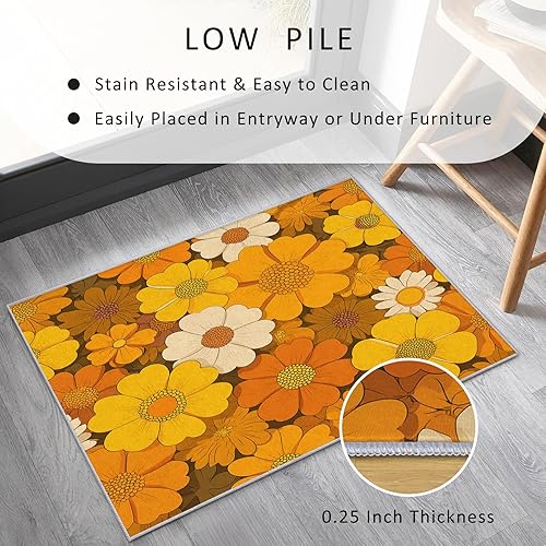 Miniatura 5 de Retro Floral Rug 4x5 - Hippie Groovy Flower Area Rug for Bedroom, Living Room, Home Decor - 70s Orange Groovy Indoor Floor Carpet - Washable & Non