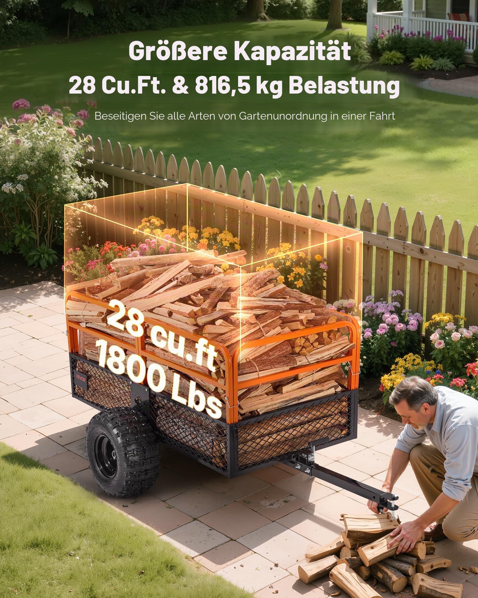 VEVOR Kippanhänger, 800,59 kg, ATV-UTV-Anhänger aus Stahl zum Hinterherziehen, Kipper mit Abnehmbarer Rückwand, Gartenanhänger zum Hinterherziehen für Rasenmäher, Traktoren und Gartenabfälle