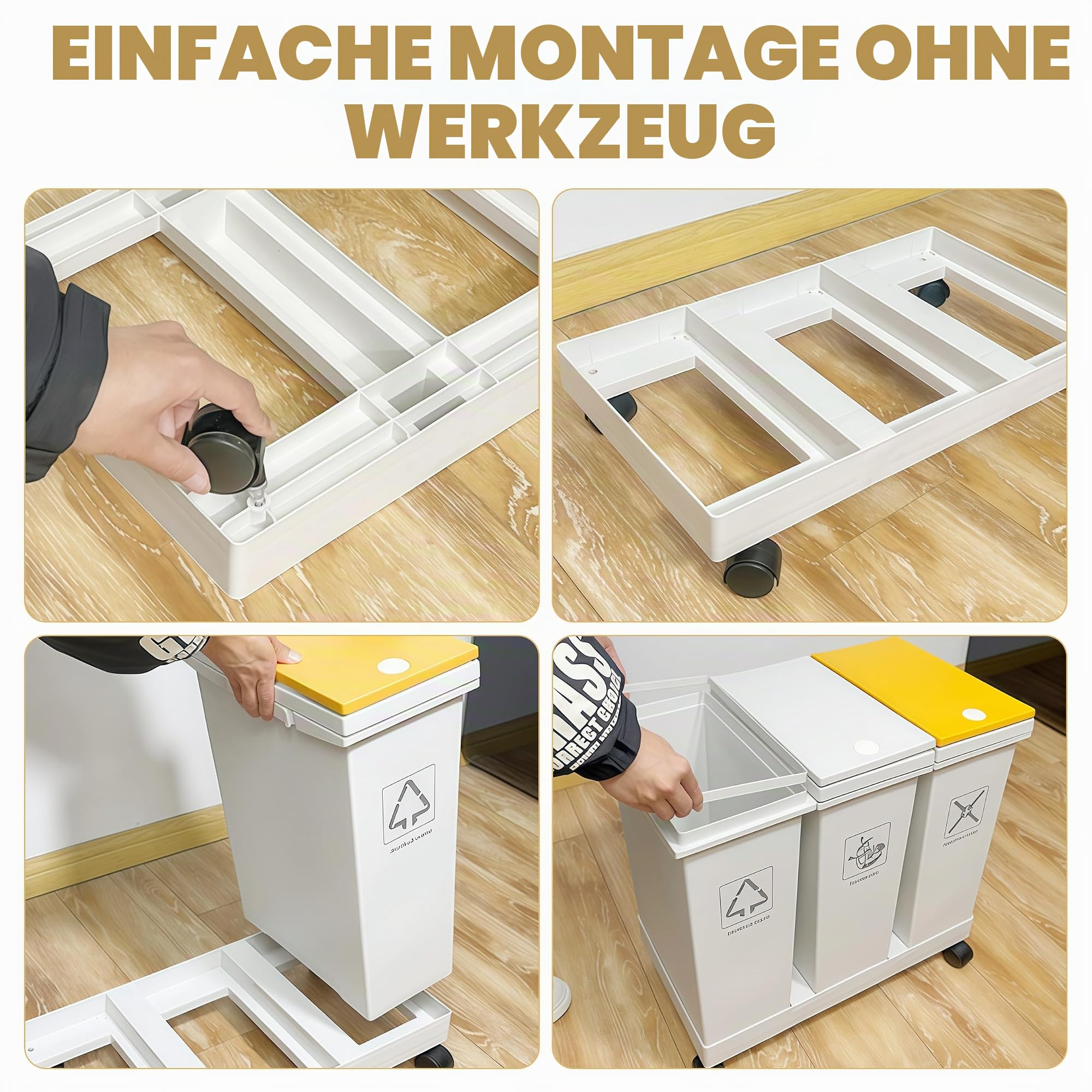 Mobiles Mülleimer Küche 3 x 12 L mit Rollen Mülltrennsystem 3 Fächer | mit Druckdeckeln für Zuhause und Büro Abnehmbarer Trash Can für Küchenabfälle Plastik Papier und Glas