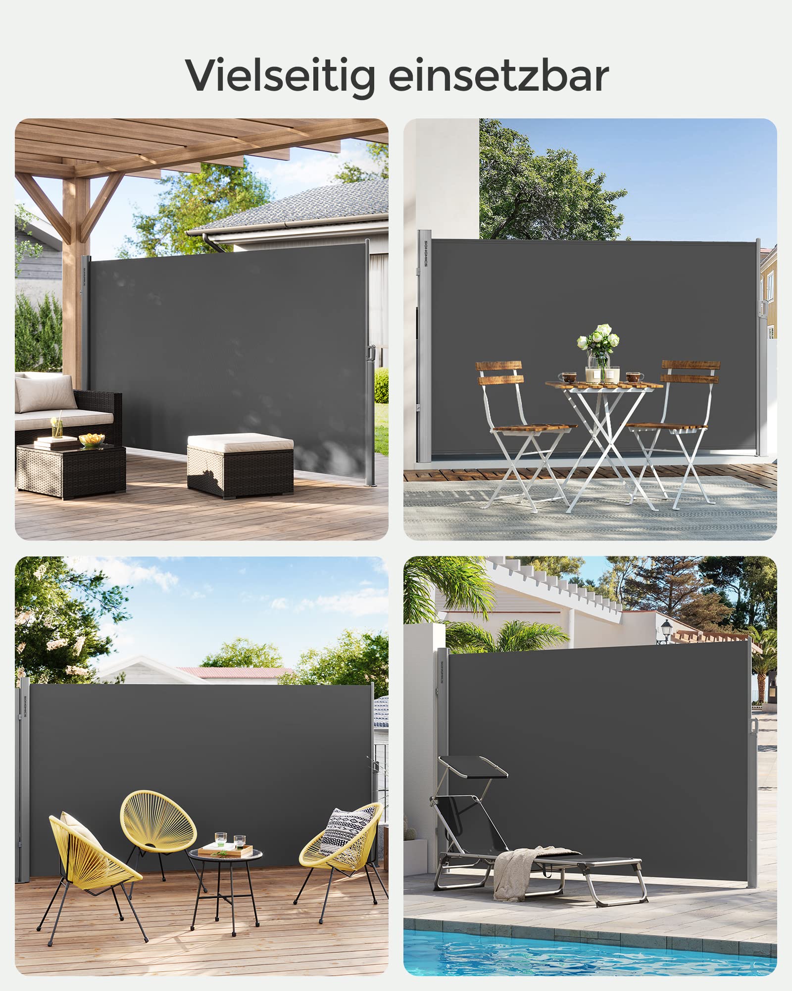 SONGMICS Alu-Seitenmarkise, ausziehbar, 200 x 400 cm, Blickdicht, Sonnenschutz, blickdicht, Seitenrollo, für Balkon, Terrasse, Garten, anthrazit GSA204G01