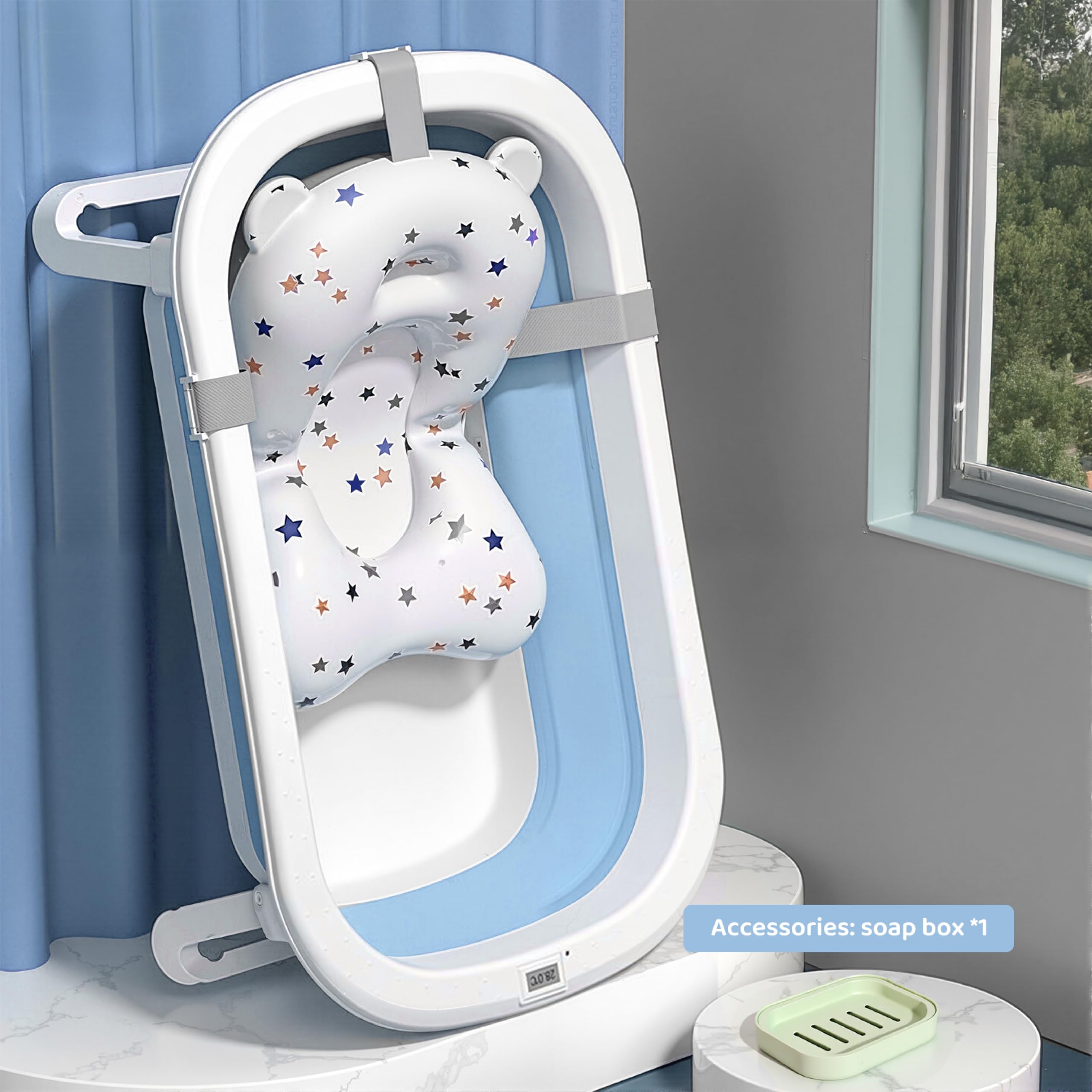 Cockatoo-Kids DripDrop Foldable Baby Bath Tub with Thermistor, Pillow & Soap Box – Portable Newborn to 6 Years Tub, Non-Toxic PP, Anti-Slip Base, 40kg Capacity – Travel & Home Use, White & Blue - Image 8 thumbnail