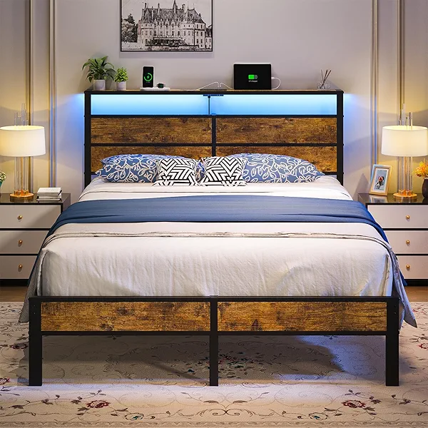 Liians Queen Size Bed Frame, Queen Bed with Charging Station Headboard and LED Lights, Platform Bed with Metal Slats, No Box Spring Needed